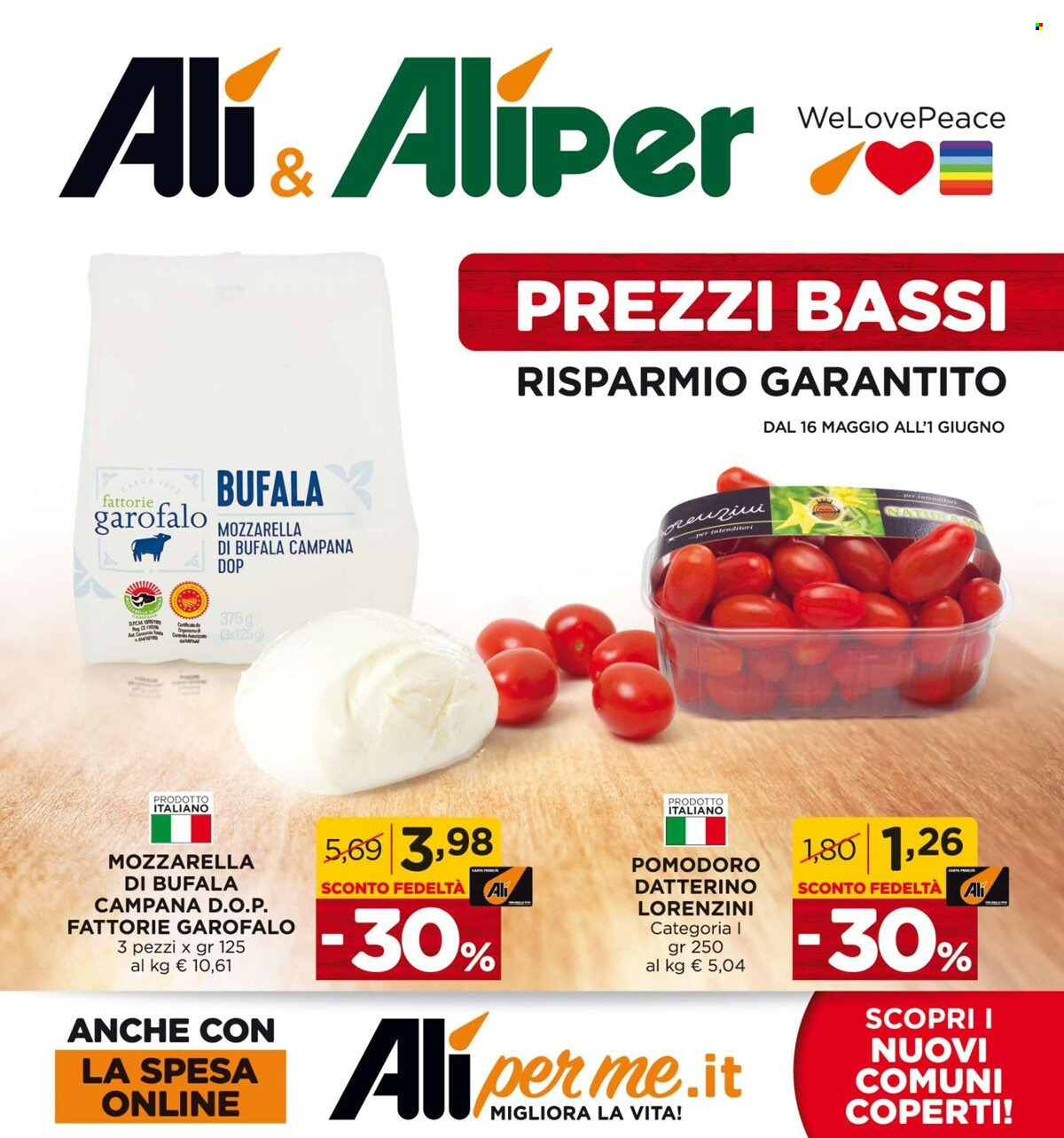 thumbnail - Volantino Alì Supermercati - 16/5/2022 - 1/6/2022 - Prodotti in offerta - pomodorini, formaggio, mozzarella, mozzarella di bufala. Pagina 1.