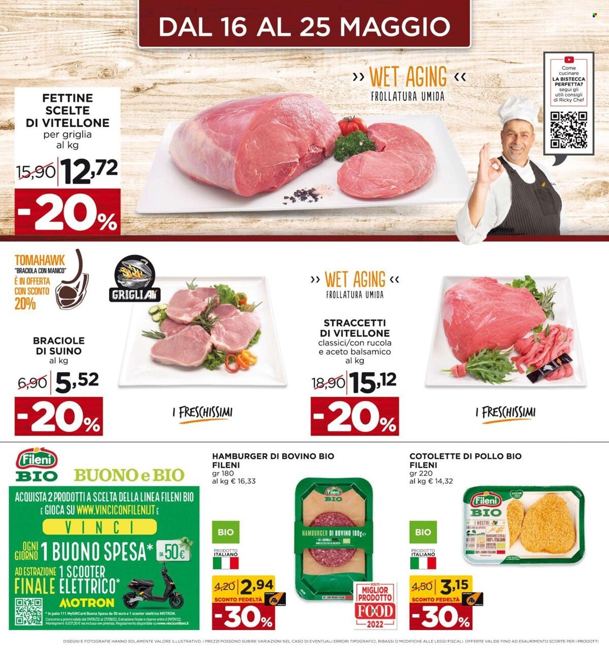 thumbnail - Volantino Alì Supermercati - 16/5/2022 - 1/6/2022 - Prodotti in offerta - cotolette, bistecca, vitellone, hamburger, braciole di maiale, suino, cotoletta di pollo. Pagina 4.