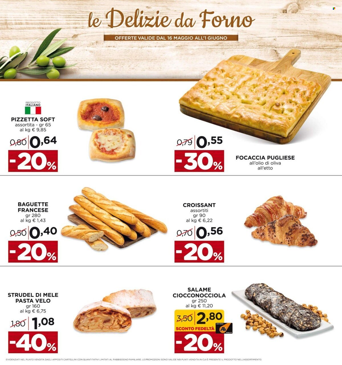 thumbnail - Volantino Alì Supermercati - 16/5/2022 - 1/6/2022 - Prodotti in offerta - baguette, focaccia, croissant, strudel, salame, pasta. Pagina 7.