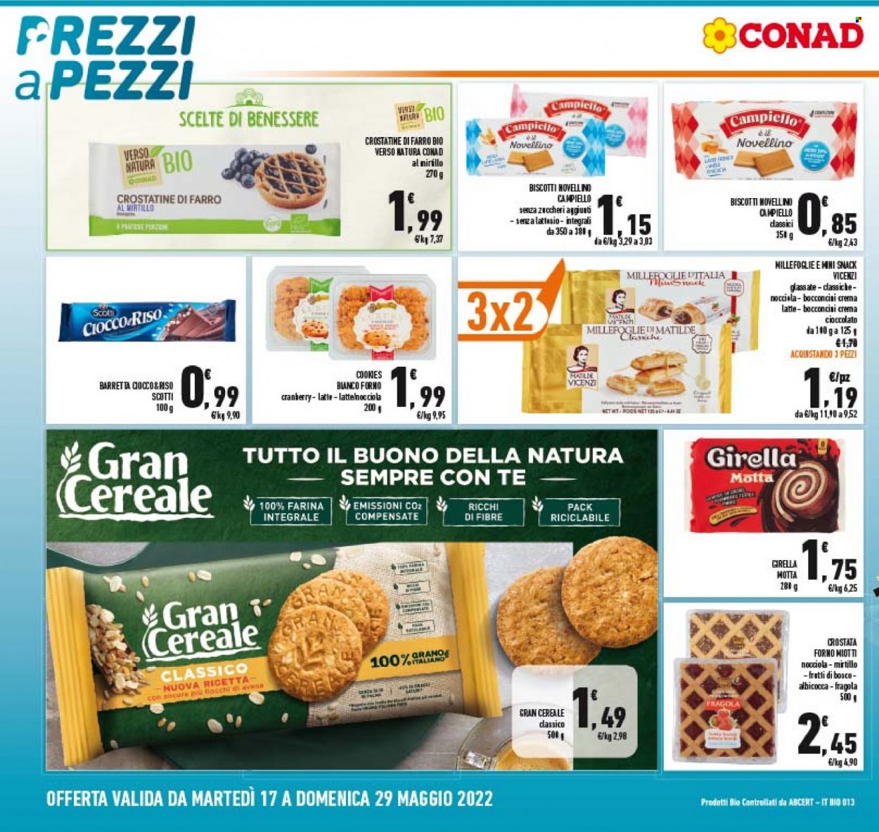 thumbnail - Volantino Conad - 17/5/2022 - 29/5/2022 - Prodotti in offerta - crostata, crostatina, Motta, latte, biscotti, Gran Cereale, Campiello, farina, riso, forno. Pagina 18.