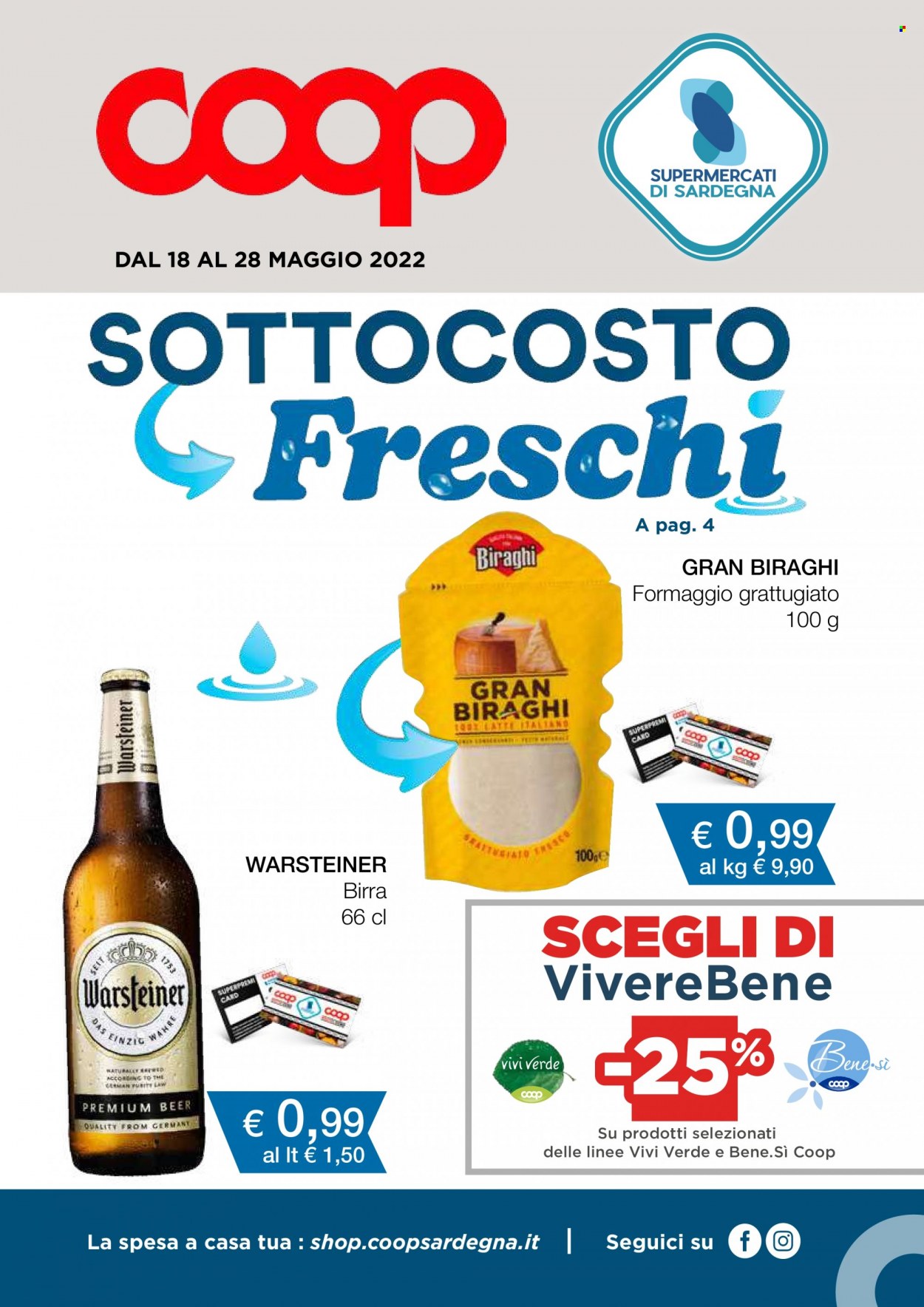 thumbnail - Volantino Coop - 18/5/2022 - 28/5/2022 - Prodotti in offerta - birra, Warsteiner, formaggio, formaggio grattugiato, Biraghi. Pagina 1.