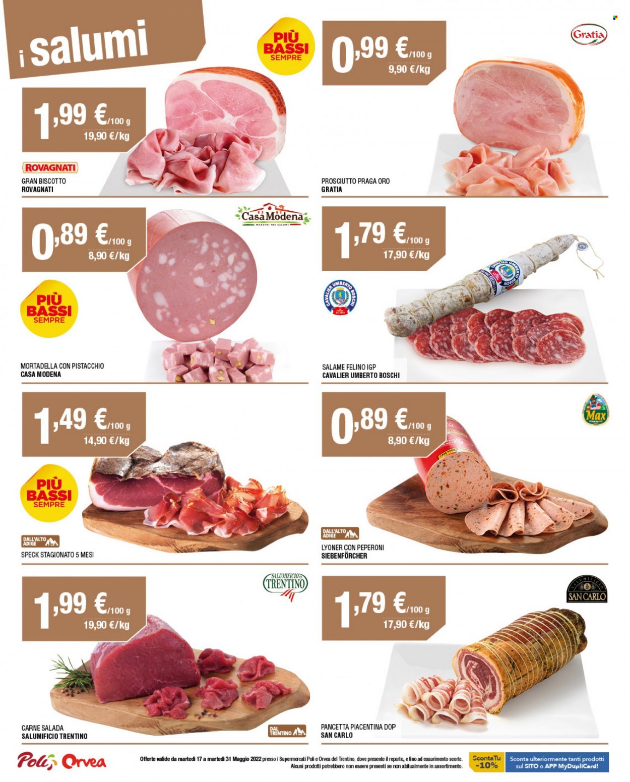 thumbnail - Volantino Orvea - 17/5/2022 - 31/5/2022 - Prodotti in offerta - speck, pancetta, mortadella, Rovagnati, Carne Salada, Salame Felino. Pagina 14.