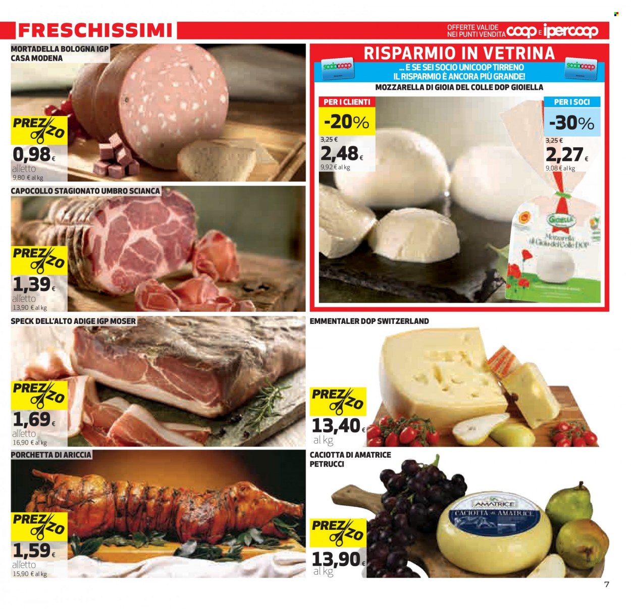 thumbnail - Volantino Coop - 19/5/2022 - 1/6/2022 - Prodotti in offerta - capocollo, speck, mortadella, porchetta, formaggio, mozzarella, caciotta, emmental. Pagina 7.
