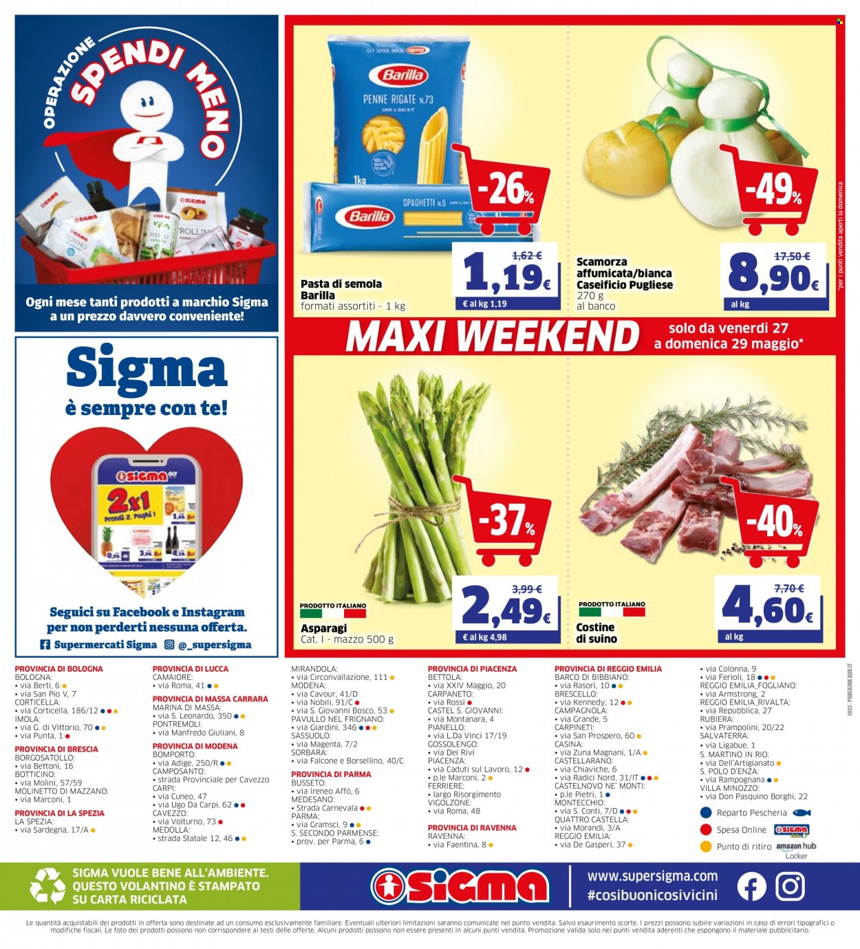 thumbnail - Volantino Sigma - 18/5/2022 - 31/5/2022 - Prodotti in offerta - asparagi, costine di suino, suino, formaggio, scamorza, Barilla, spaghetti, pasta, penne. Pagina 24.