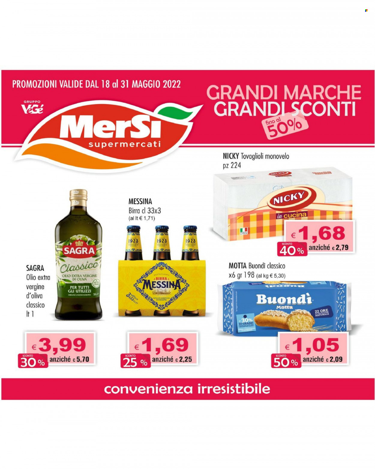 thumbnail - Volantino MerSì - 18/5/2022 - 31/5/2022 - Prodotti in offerta - birra, Motta, olio, olio extra vergine di oliva, Nicky, tovaglioli. Pagina 1.