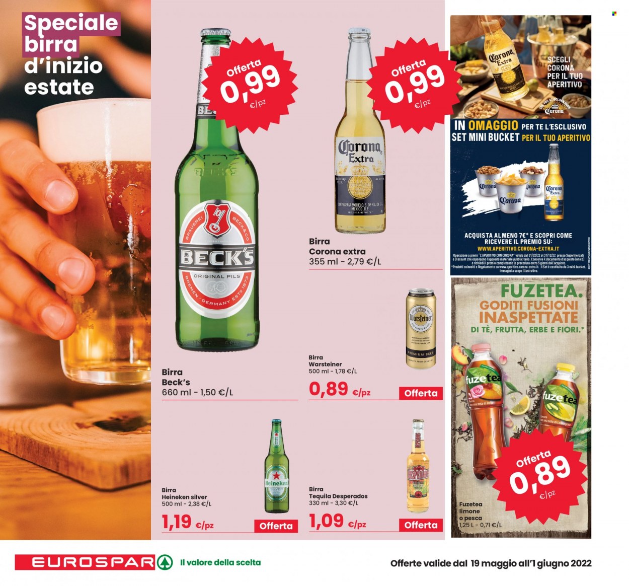 thumbnail - Volantino Eurospar - 19/5/2022 - 1/6/2022 - Prodotti in offerta - Beck‘s, Heineken, Corona Extra, birra, Desperados, Warsteiner, tequila, aperitivo. Pagina 12.