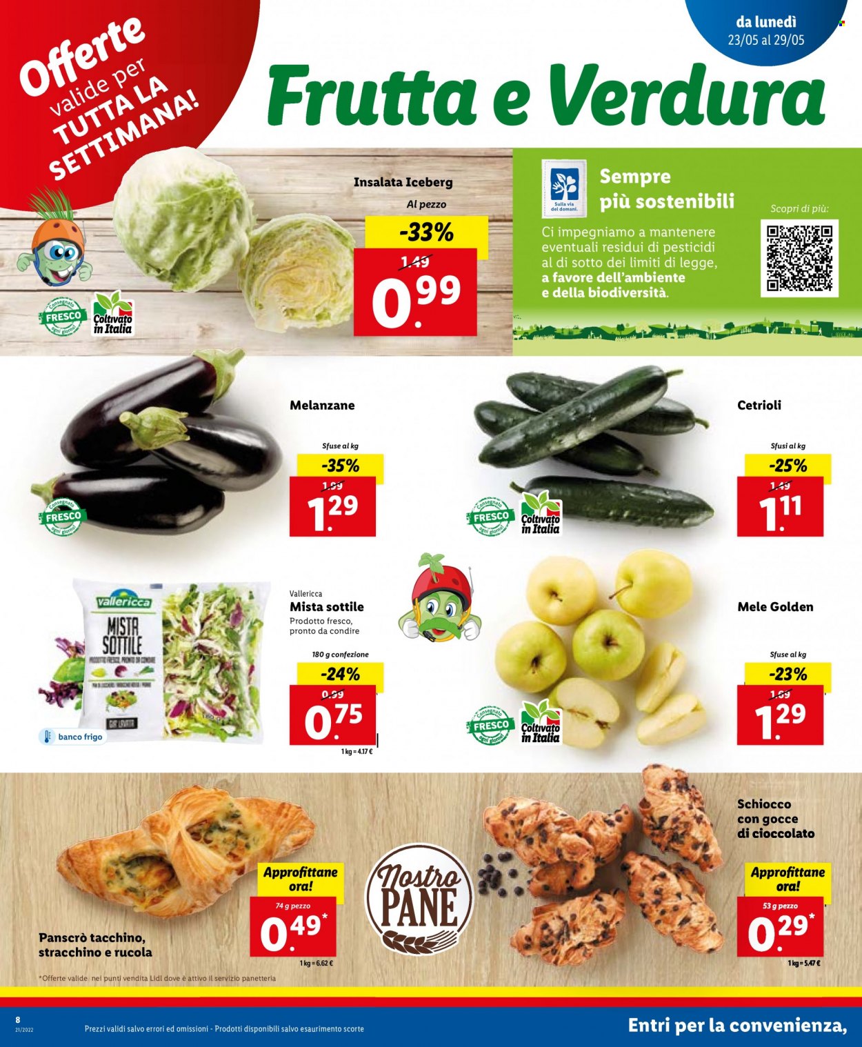 thumbnail - Volantino Lidl - 23/5/2022 - 29/5/2022 - Prodotti in offerta - melanzane, cetrioli, lattuga iceberg, mele, formaggio, stracchino. Pagina 8.
