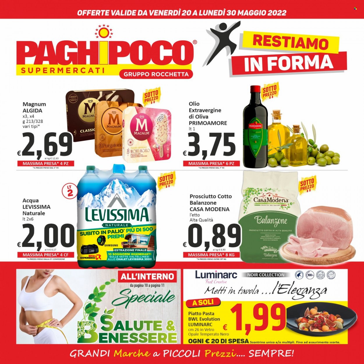 thumbnail - Volantino PaghiPoco - 20/5/2022 - 30/5/2022 - Prodotti in offerta - prosciutto, prosciutto cotto, latte, gelato, Magnum, Algida, olio, Levissima, Rocchetta. Pagina 1.