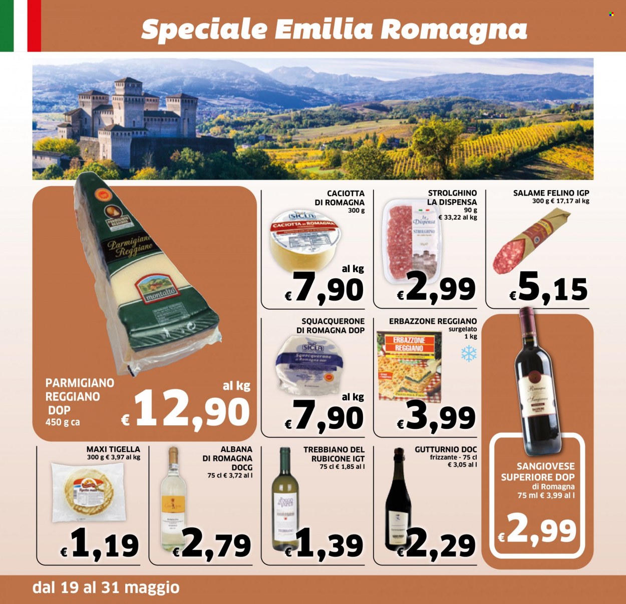 thumbnail - Volantino ECU Discount - 19/5/2022 - 28/5/2022 - Prodotti in offerta - salame, strolghino, Salame Felino, formaggio, caciotta, parmigiano, vino bianco, vino rosso, vino, Sangiovese, Trebbiano. Pagina 8.