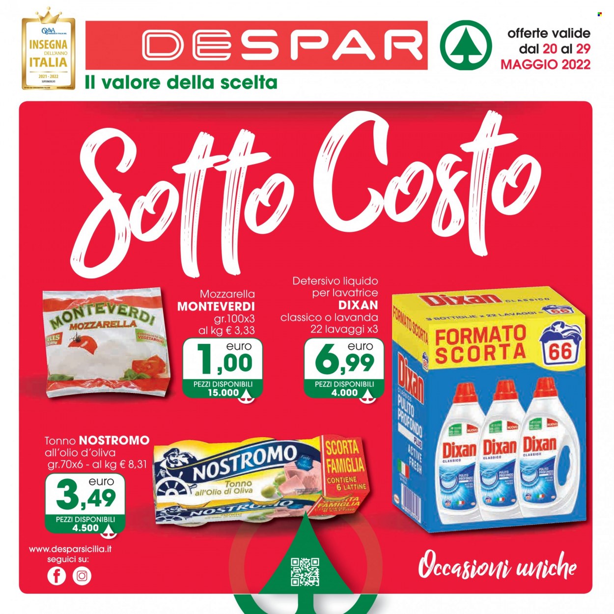 thumbnail - Volantino Despar - 20/5/2022 - 29/5/2022 - Prodotti in offerta - tonno, formaggio, mozzarella, tonno sott'olio, Nostromo, Dixan. Pagina 24.