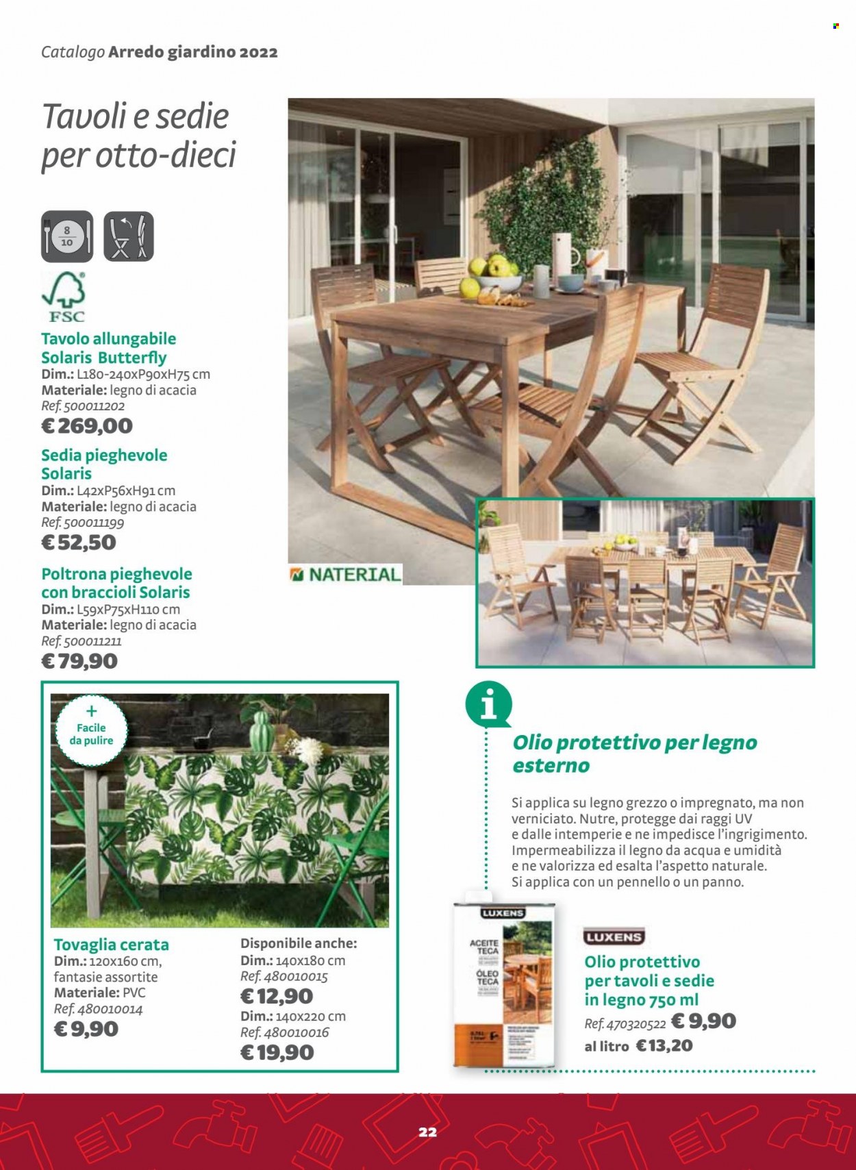 thumbnail - Volantino Bricocenter - 22/5/2022 - 31/5/2022 - Prodotti in offerta - poltrona, tavolo, tovaglia, sedia pieghevole, olio protettivo per legno. Pagina 22.