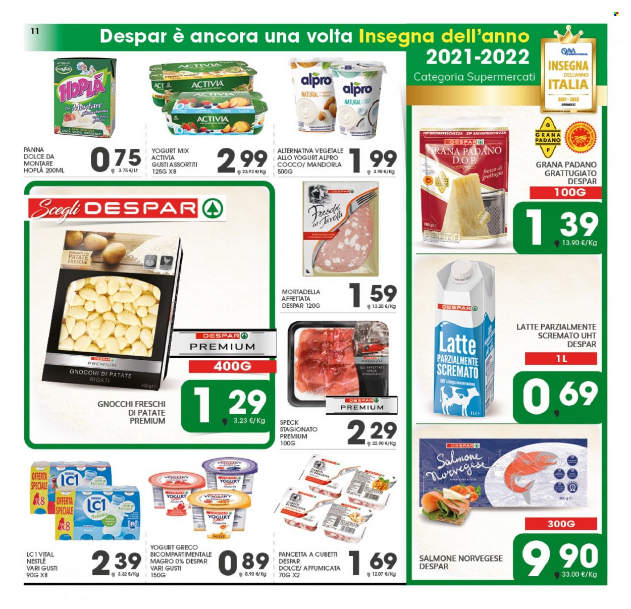 thumbnail - Volantino Eurospar - 23/5/2022 - 1/6/2022 - Prodotti in offerta - salmone, speck, pancetta, mortadella, formaggio, Grana Padano, Activia, latte, LC1, panna, gnocchi, Nestlé. Pagina 11.