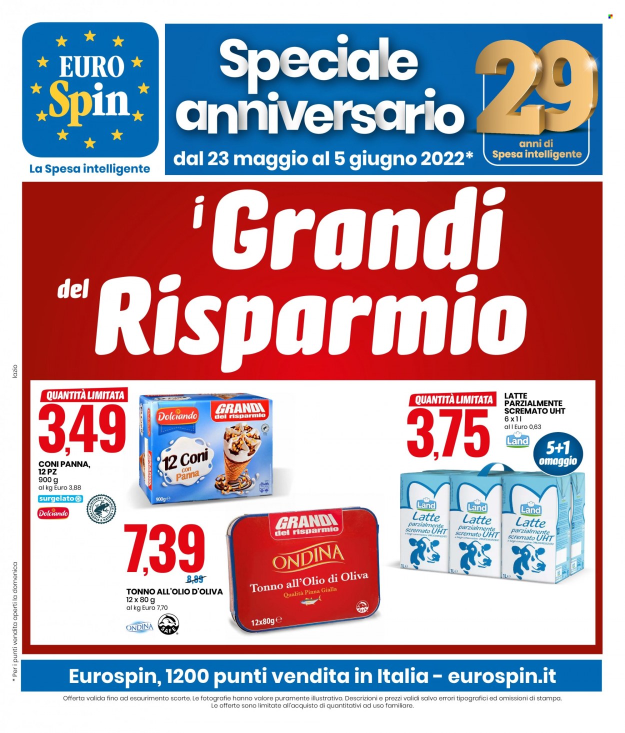 thumbnail - Volantino EuroSpin - 23/5/2022 - 5/6/2022 - Prodotti in offerta - tonno, latte, tonno sott'olio. Pagina 1.