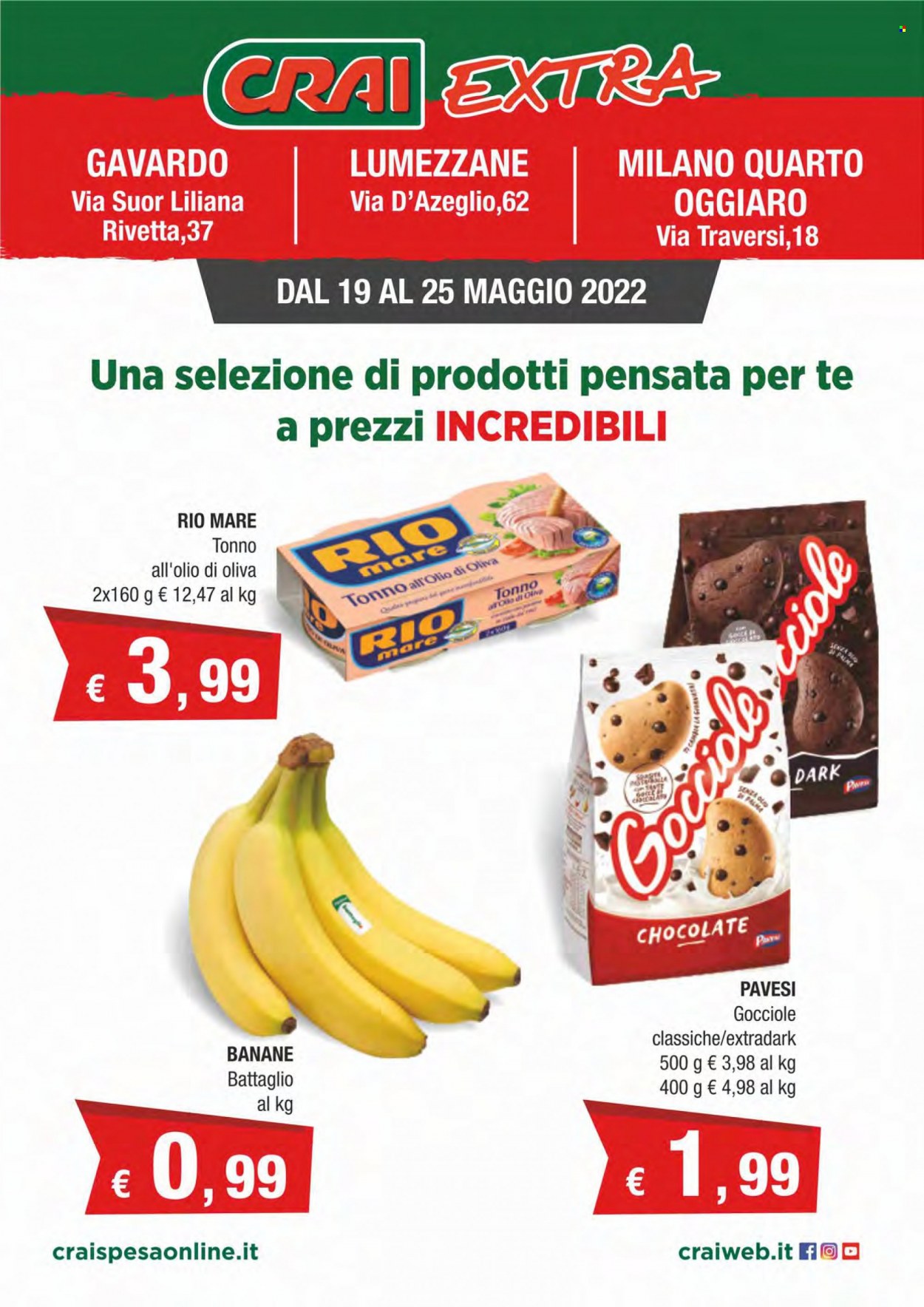 thumbnail - Volantino CRAI - 19/5/2022 - 25/5/2022 - Prodotti in offerta - banane, tonno, Pavesi, Rio Mare, tonno sott'olio. Pagina 1.