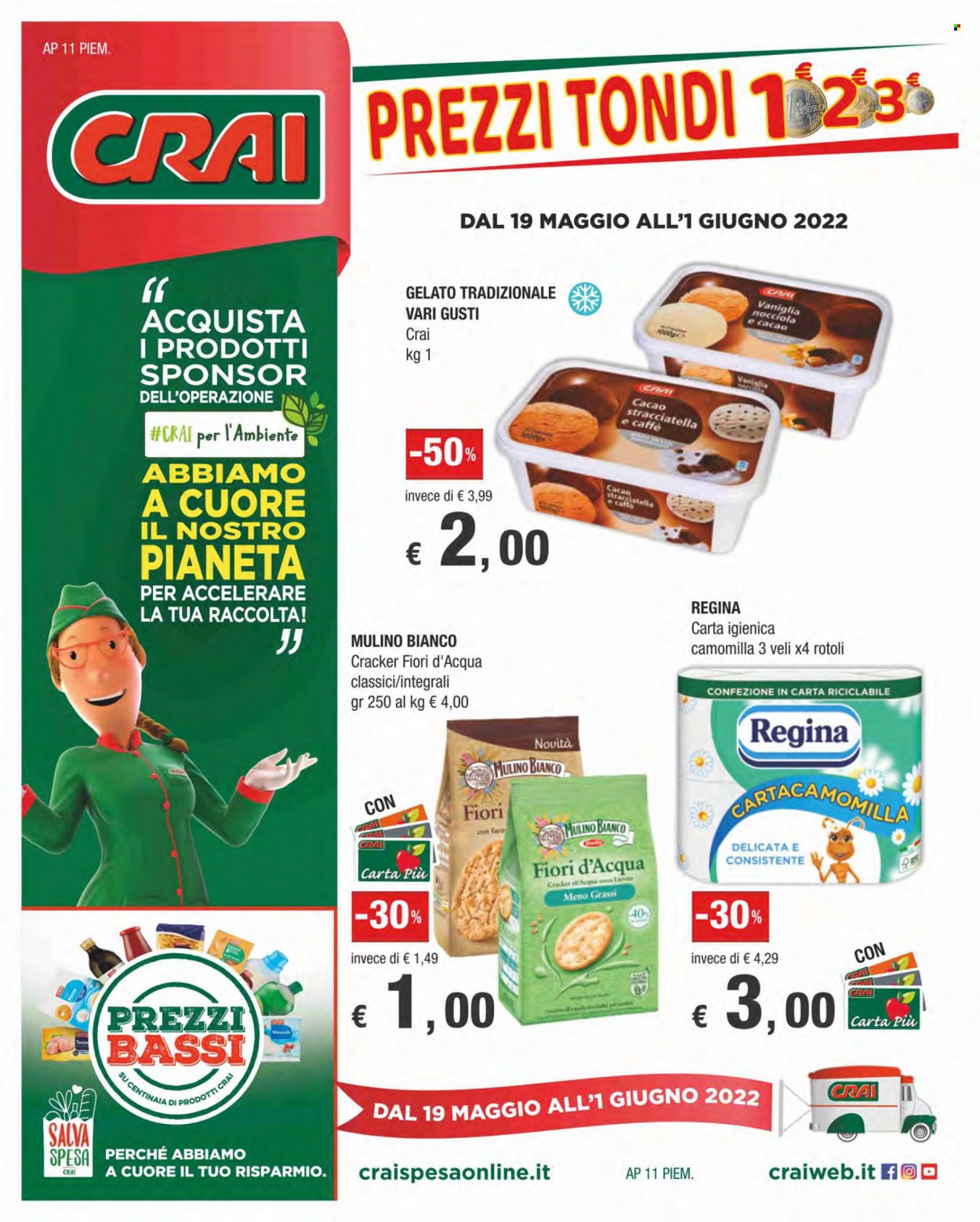 thumbnail - Volantino CRAI - 19/5/2022 - 1/6/2022 - Prodotti in offerta - crackers, Fiori d'Acqua, Mulino Bianco, gelato, carta igienica, Regina. Pagina 1.