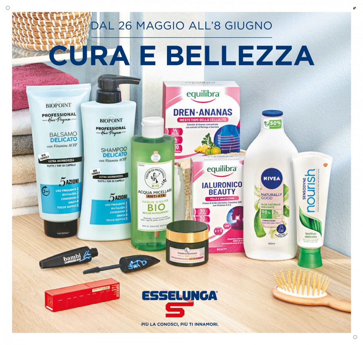 thumbnail - Volantino Esselunga - 26/5/2022 - 8/6/2022 - Prodotti in offerta - Equilibra, Maybelline, Nivea, Biopoint, Sensodyne, acqua micellare, balsamo, shampoo. Pagina 1.
