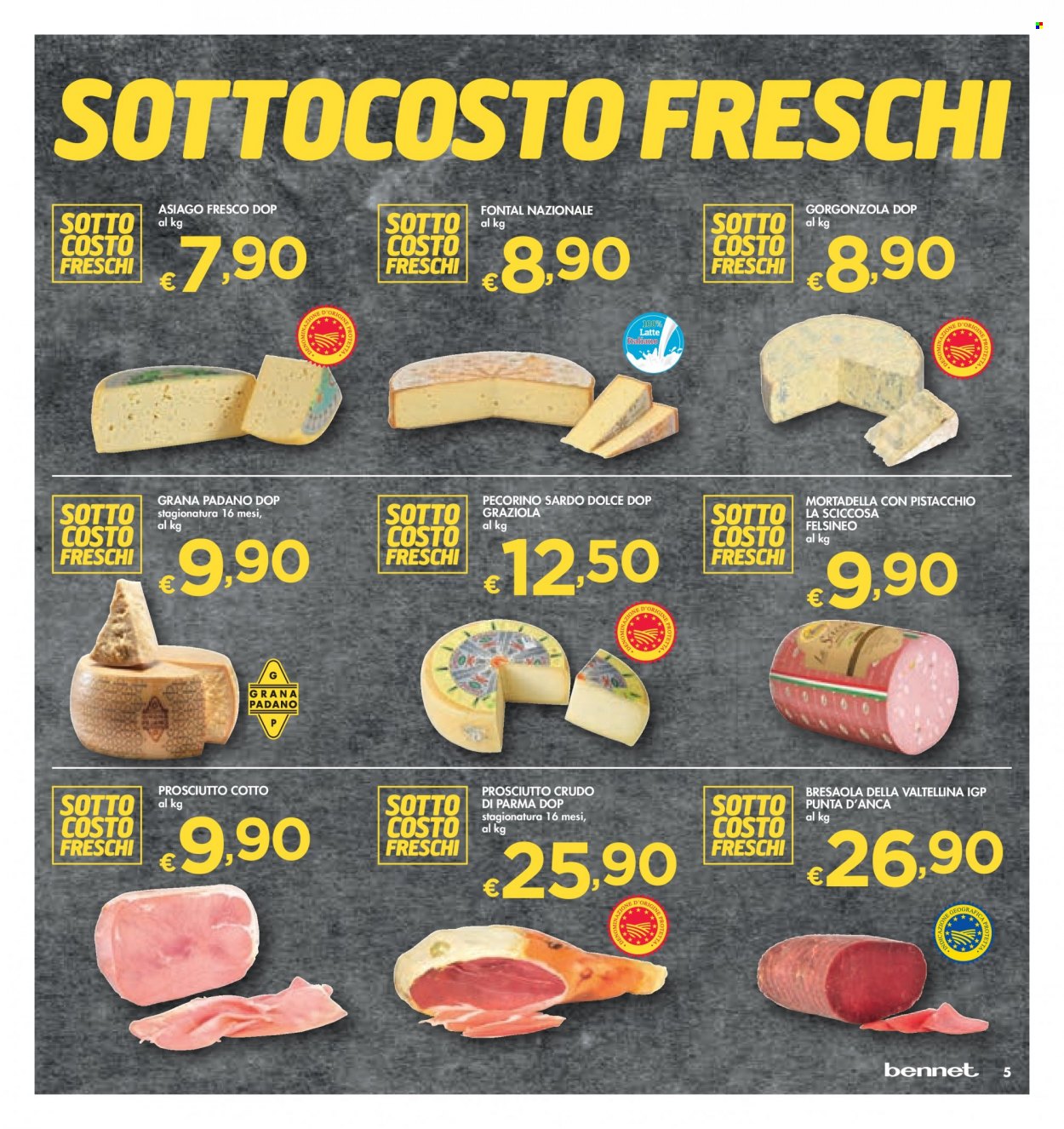 thumbnail - Volantino bennet - 26/5/2022 - 8/6/2022 - Prodotti in offerta - bresaola, mortadella, formaggio, pecorino, gorgonzola, Grana Padano, Asiago, Pecorino Sardo, latte. Pagina 5.