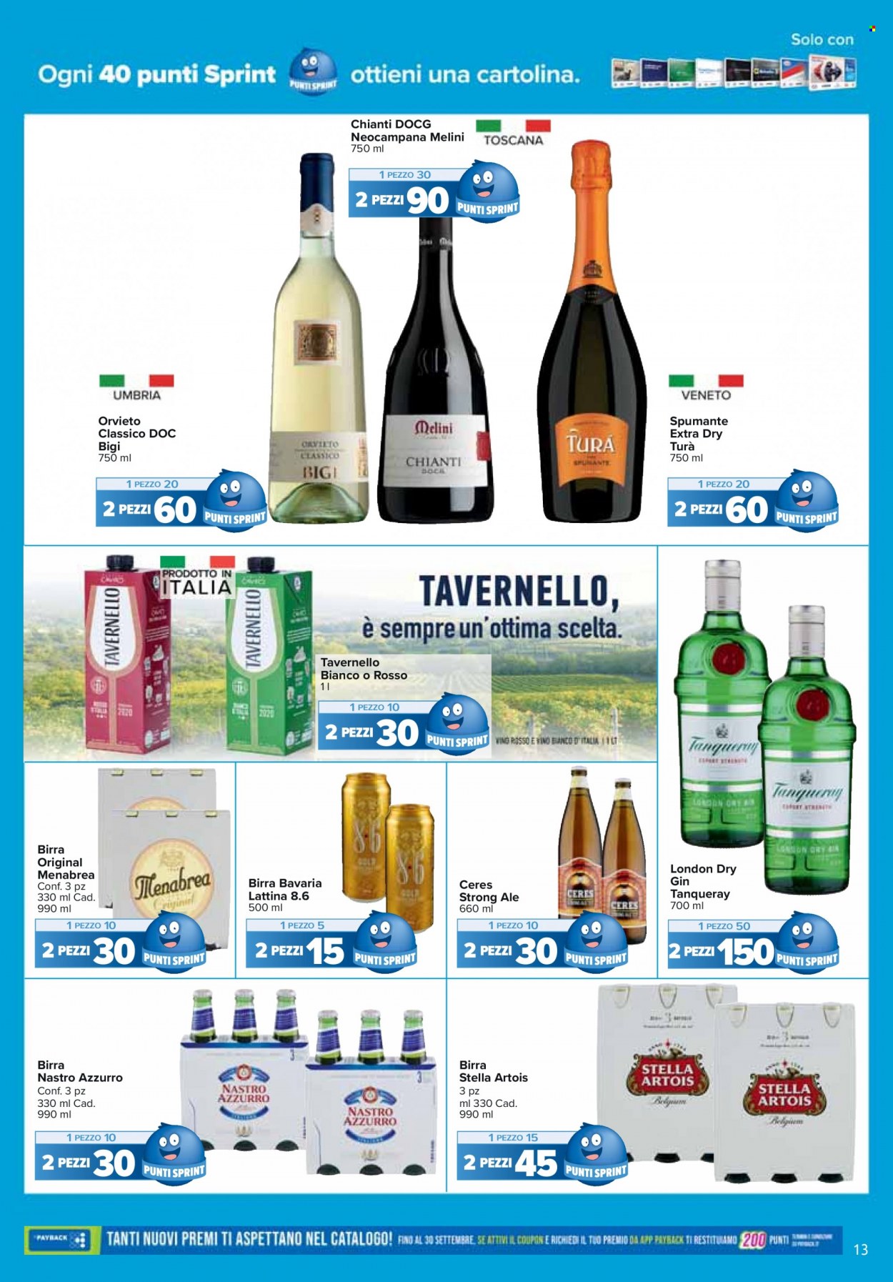 thumbnail - Volantino Carrefour - 27/5/2022 - 30/6/2022 - Prodotti in offerta - Bavaria, Stella Artois, birra, Ceres, Nastro Azzurro, vino bianco, Spumante, Tavernello, Chianti, gin, London Dry Gin. Pagina 13.