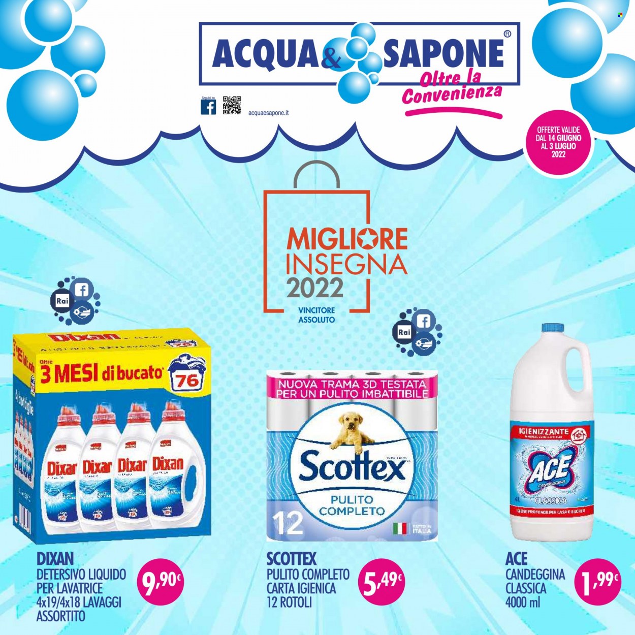 thumbnail - Volantino Acqua & Sapone - 14/6/2022 - 3/7/2022 - Prodotti in offerta - carta igienica, Scottex, Ace, Dixan, detersivo liquido per lavatrice, sapone. Pagina 1.