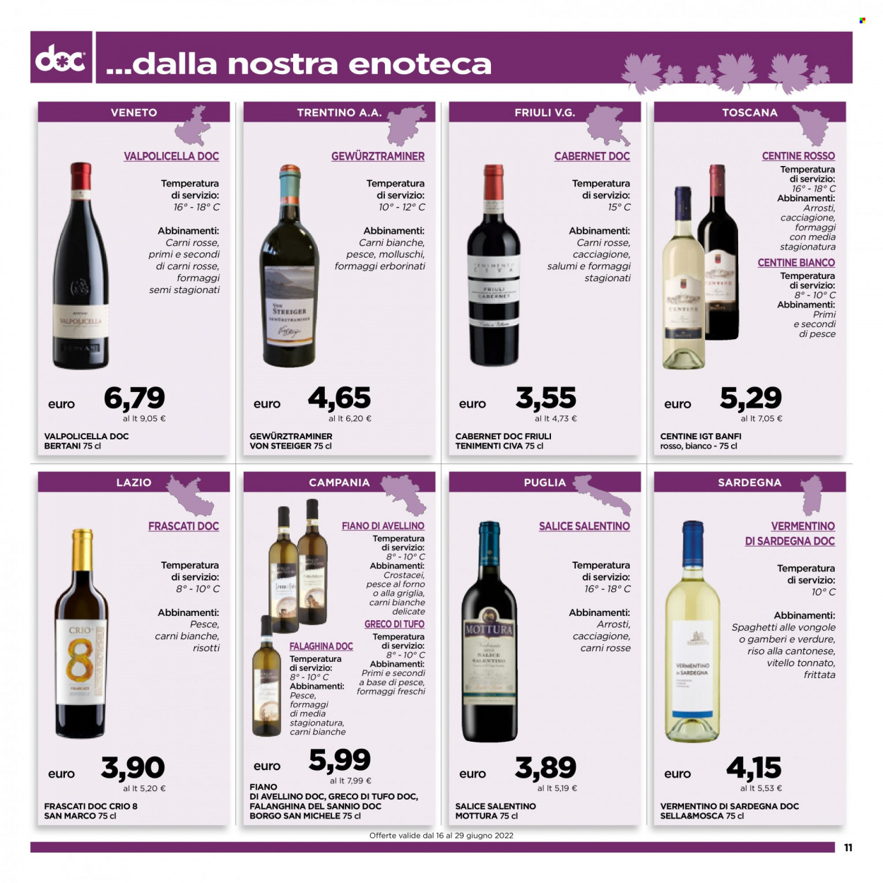 thumbnail - Volantino doc supermercati - 16/6/2022 - 29/6/2022 - Prodotti in offerta - vitello tonnato, riso, spaghetti, Cabernet, vino bianco, vino rosso, Valpolicella, vino, Vermentino, Salice Salentino. Pagina 11.