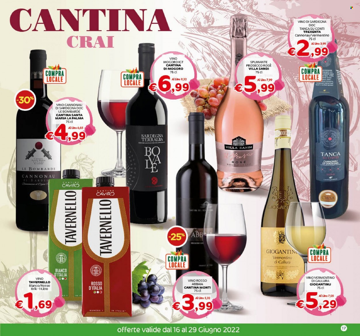 thumbnail - Volantino CRAI - 16/6/2022 - 29/6/2022 - Prodotti in offerta - vino bianco, Spumante, Tavernello, Prosecco, vino, Vermentino, Cannonau. Pagina 17.