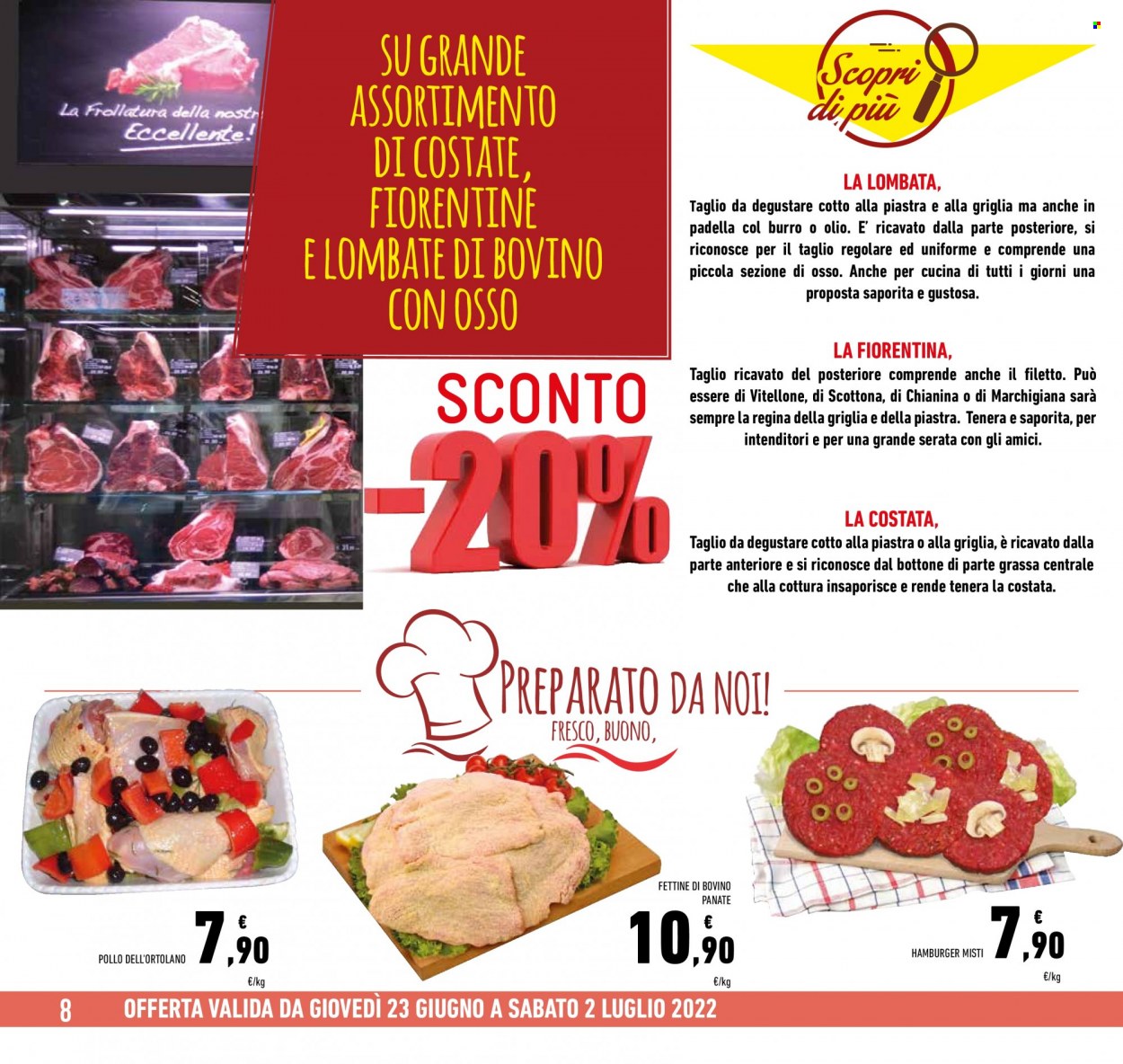 thumbnail - Volantino Conad - 23/6/2022 - 2/7/2022 - Prodotti in offerta - pollo, manzo, fettine di bovino, vitellone, scottona, hamburger, olio. Pagina 8.