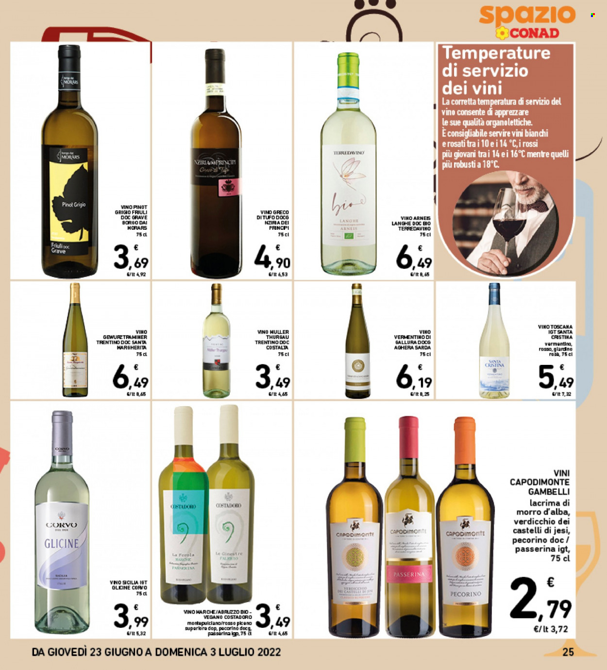 thumbnail - Volantino Conad - 23/6/2022 - 3/7/2022 - Prodotti in offerta - Corvo, vino bianco, Vermentino, Verdicchio, Pinot Grigio. Pagina 25.