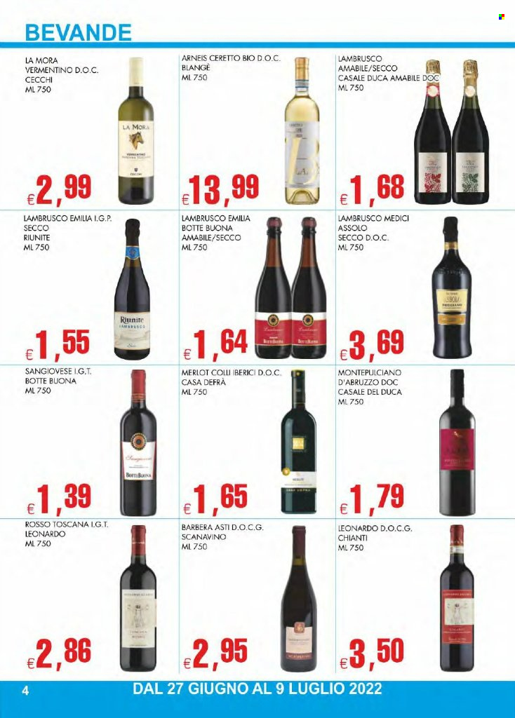 thumbnail - Volantino AltaSfera Cash & Carry - 27/6/2022 - 9/7/2022 - Prodotti in offerta - Barbera, Merlot, vino bianco, vino rosso, Chianti, Lambrusco, vino, Vermentino, Montepulciano d'Abruzzo, Sangiovese. Pagina 4.