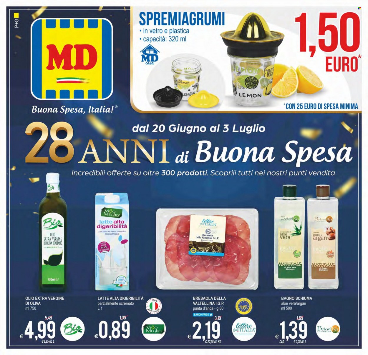 thumbnail - Volantino MD Discount - 28/6/2022 - 3/7/2022 - Prodotti in offerta - bresaola, latte, olio, olio extra vergine di oliva, bagnoschiuma, spremiagrumi, argan. Pagina 1.