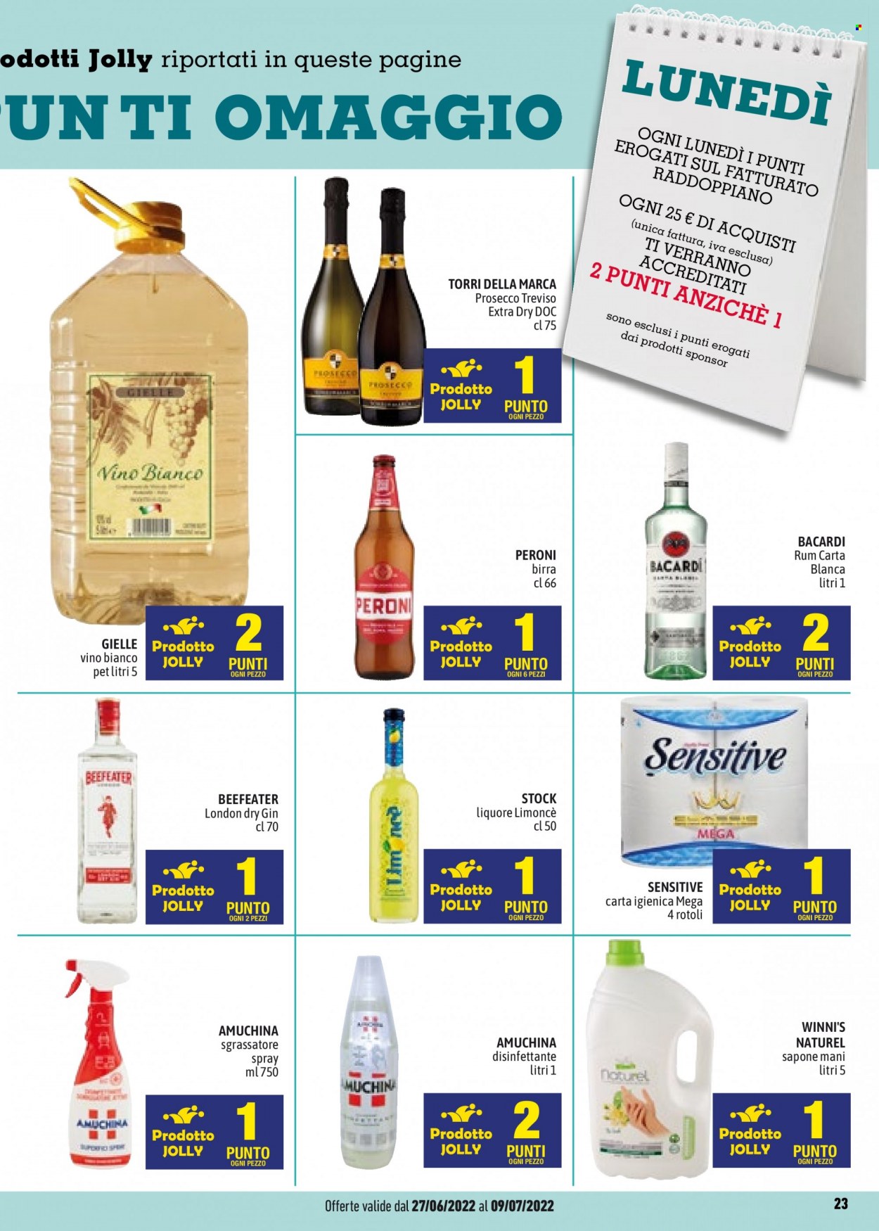 thumbnail - Volantino C+C Cash & Carry - 27/6/2022 - 9/7/2022 - Prodotti in offerta - Peroni, birra, vino bianco, Prosecco, vino, Beefeater, rum, Limoncè, liquore, gin, London Dry Gin, Bacardi, carta igienica, Winni's, sgrassatore, sapone, Amuchina. Pagina 23.