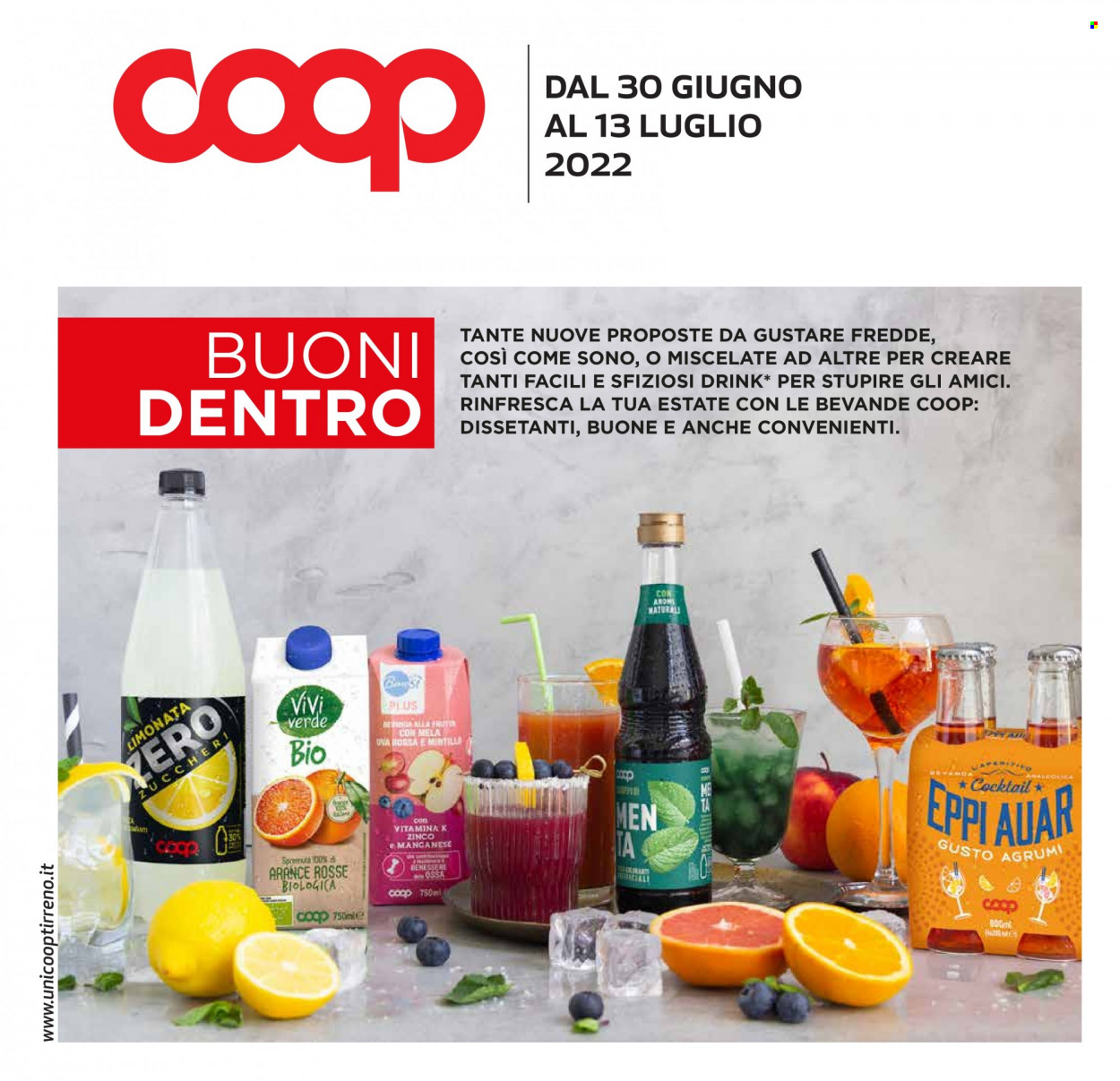 thumbnail - Volantino Coop - 30/6/2022 - 13/7/2022 - Prodotti in offerta - uva, bibita gassata, limonata, spremuta, Zinco. Pagina 1.