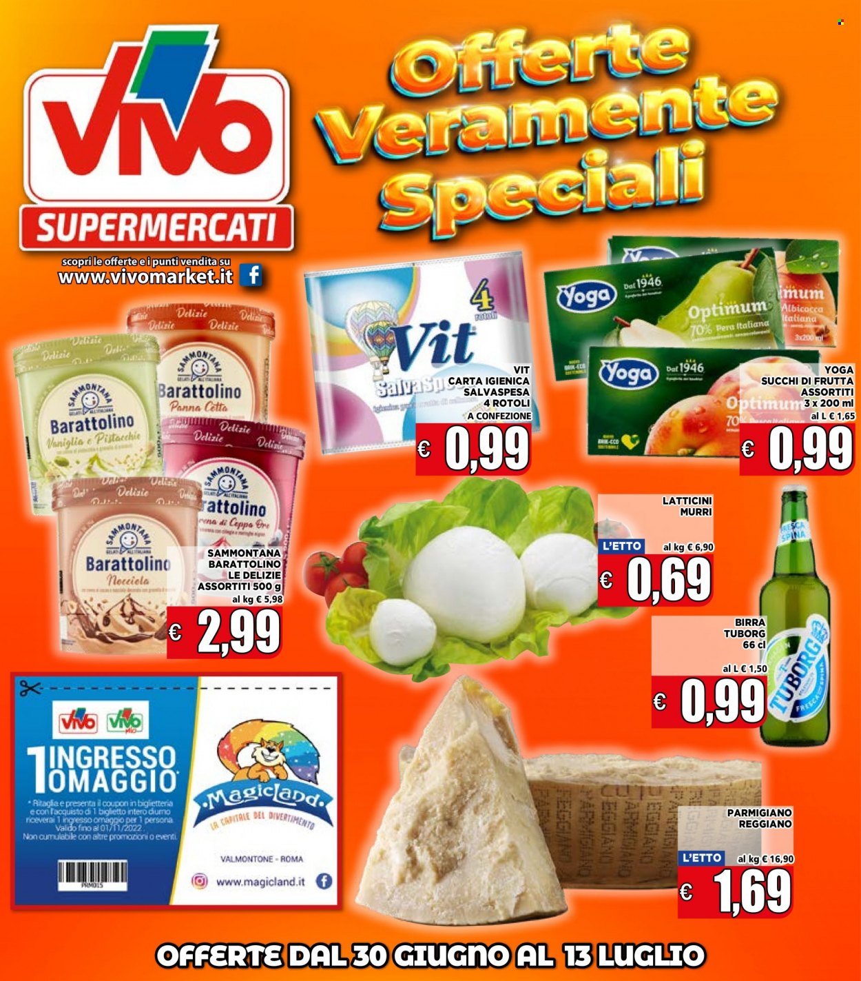 thumbnail - Volantino Supermercati VIVO - 30/6/2022 - 13/7/2022 - Prodotti in offerta - birra, Tuborg, parmigiano, panna cotta, gelato, Sammontana, succo, vino, carta igienica. Pagina 1.