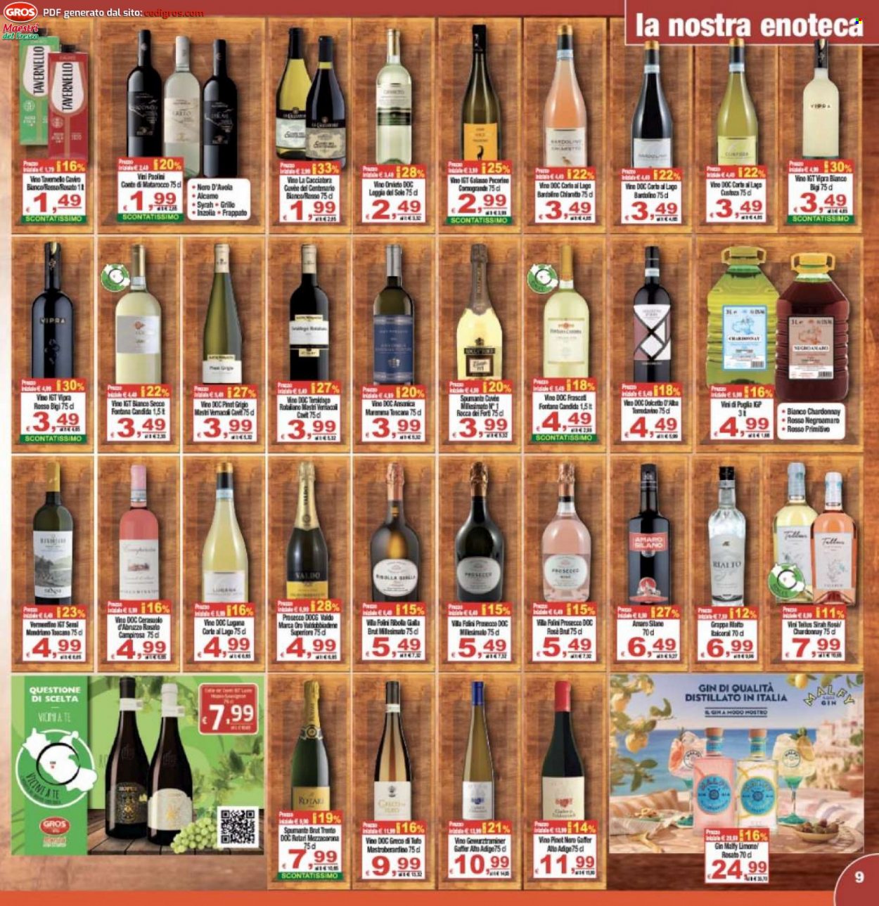 thumbnail - Volantino CTS supermercati - 29/6/2022 - 7/7/2022 - Prodotti in offerta - vino bianco, Valdobbiadene, Spumante, Tavernello, Chardonnay, Inzolia, Negroamaro, Nero d'Avola, Prosecco, vino, Vermentino, Pinot Grigio, Bardolino, Cerasuolo, gin, grappa. Pagina 9.