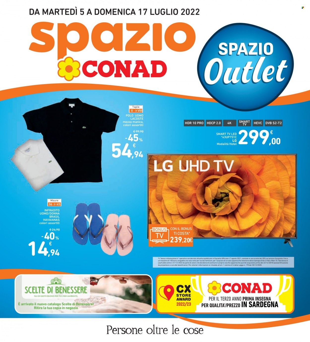 thumbnail - Volantino Conad - 5/7/2022 - 17/7/2022 - Prodotti in offerta - Lacoste, ciabatte infradito, LG, Smart TV, LED TV, televisore, polo golf. Pagina 1.