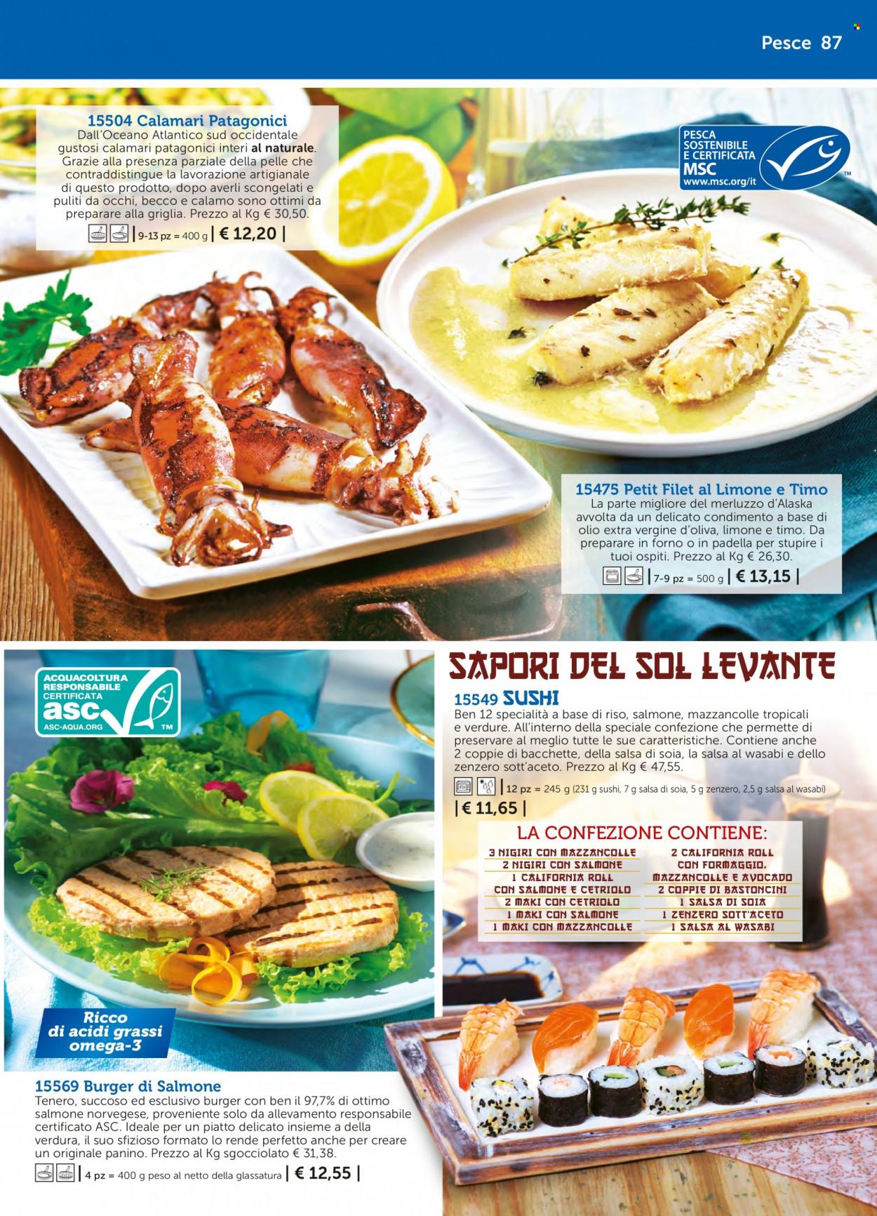 thumbnail - Volantino Bofrost - Prodotti in offerta - hamburger, calamari, pesce, mazzancolle, merluzzo, burger di pesce, bastoncini, sushi, burger di salmone, aceto. Pagina 87.