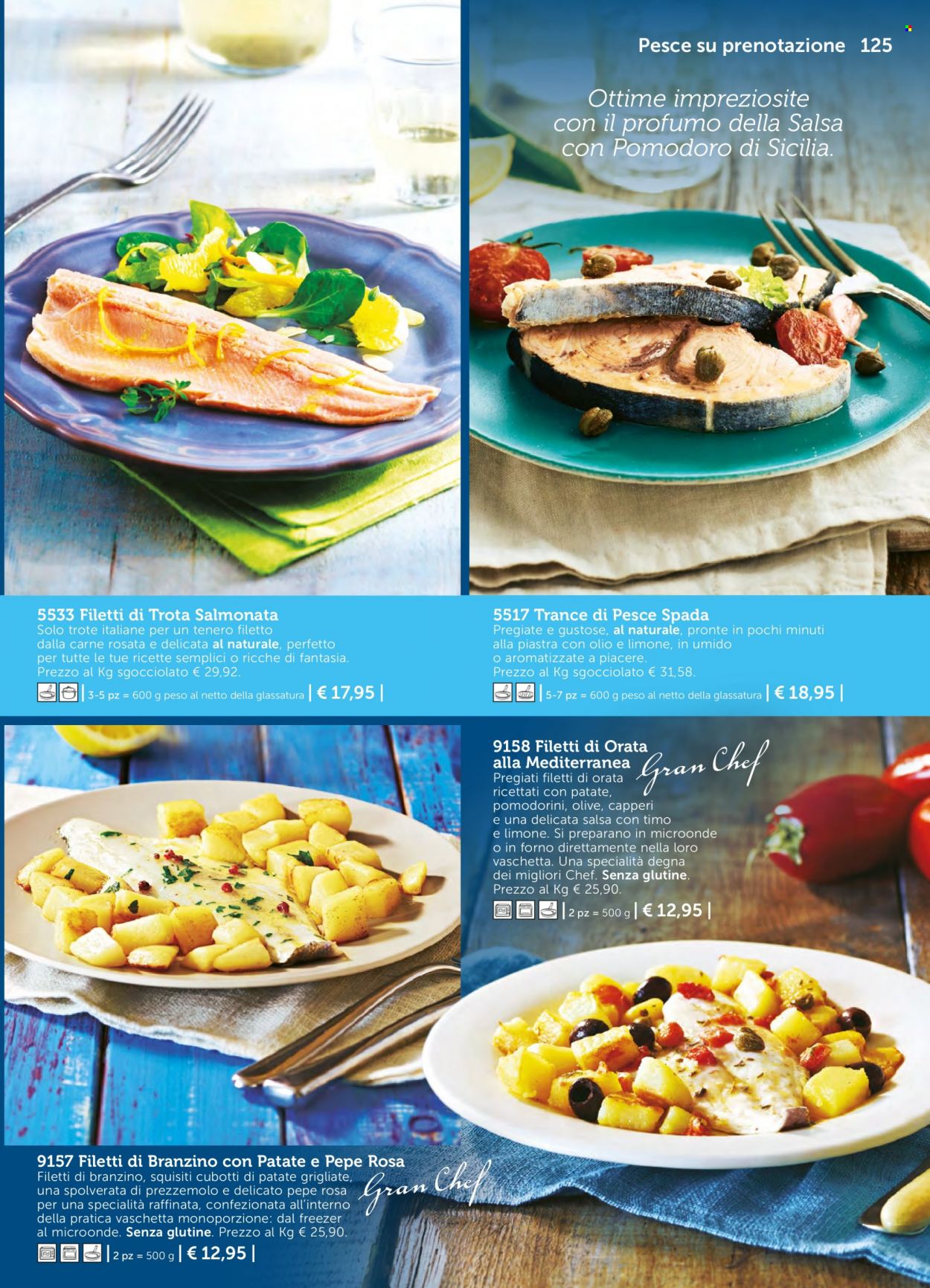 thumbnail - Volantino Bofrost - Prodotti in offerta - pesce spada, trota salmonata, orata, filetti di branzino, patate al forno, patate grigliate. Pagina 125.
