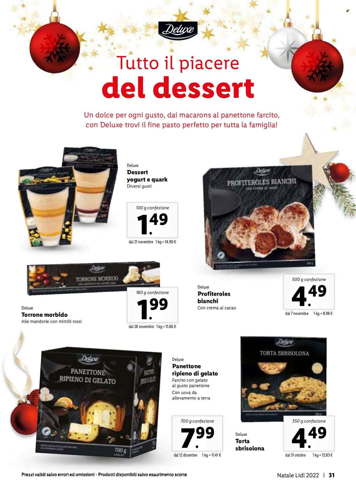 thumbnail - Volantino Lidl - 31/10/2022 - 27/12/2022 - Prodotti in offerta - panettone, torta, profiteroles, mirtilli rossi, yogurt, uova, gelato, torrone. Pagina 31.