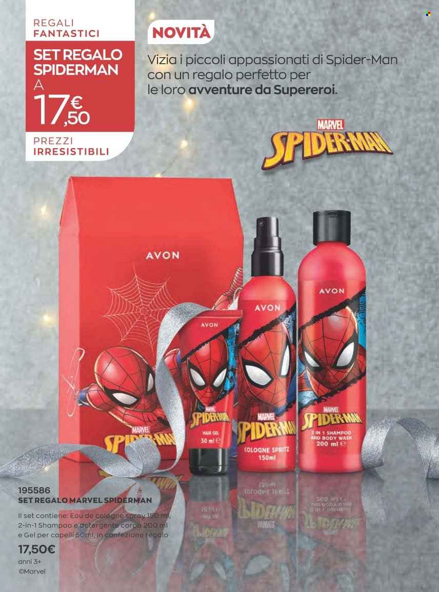 thumbnail - Volantino Avon - 1/11/2022 - 31/12/2022 - Prodotti in offerta - Spiderman, detergente corpo, shampoo, acqua di colonia. Pagina 105.