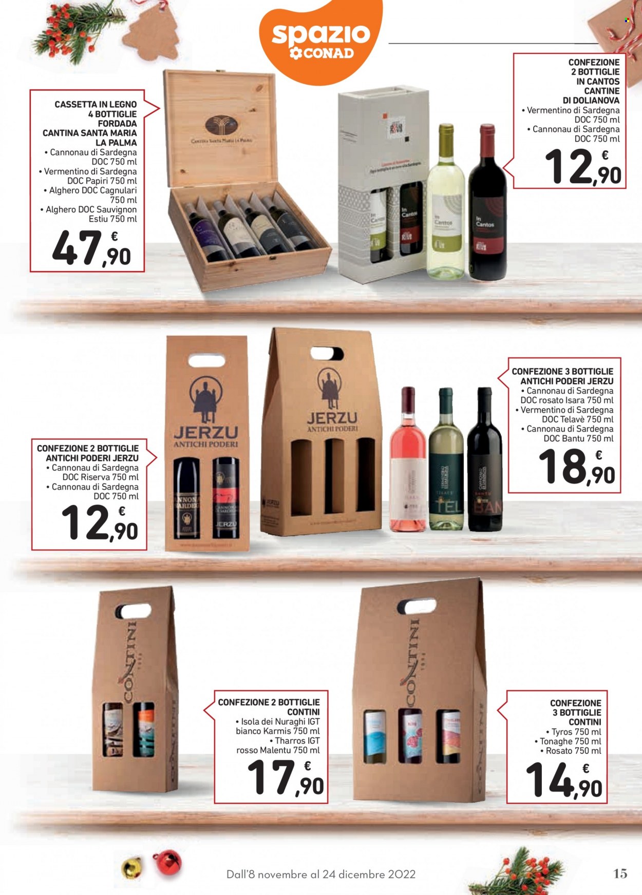 thumbnail - Volantino Conad - 8/11/2022 - 24/12/2022 - Prodotti in offerta - vino bianco, vino rosso, vino, Vermentino, Cannonau, Sauvignon. Pagina 15.