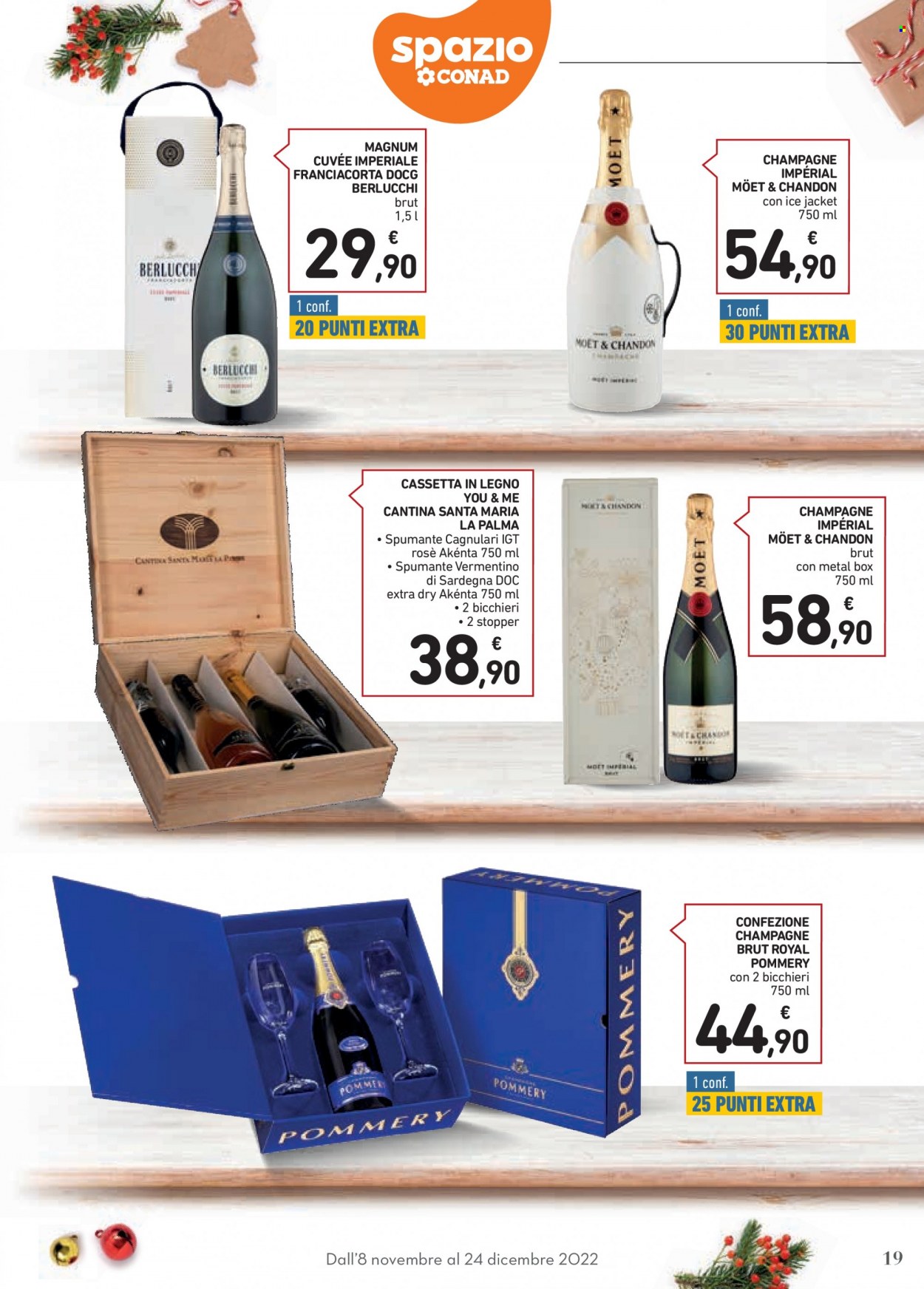 thumbnail - Volantino Conad - 8/11/2022 - 24/12/2022 - Prodotti in offerta - vino bianco, Spumante, Champagne, Moët & Chandon, vino, Vermentino, bicchieri. Pagina 19.