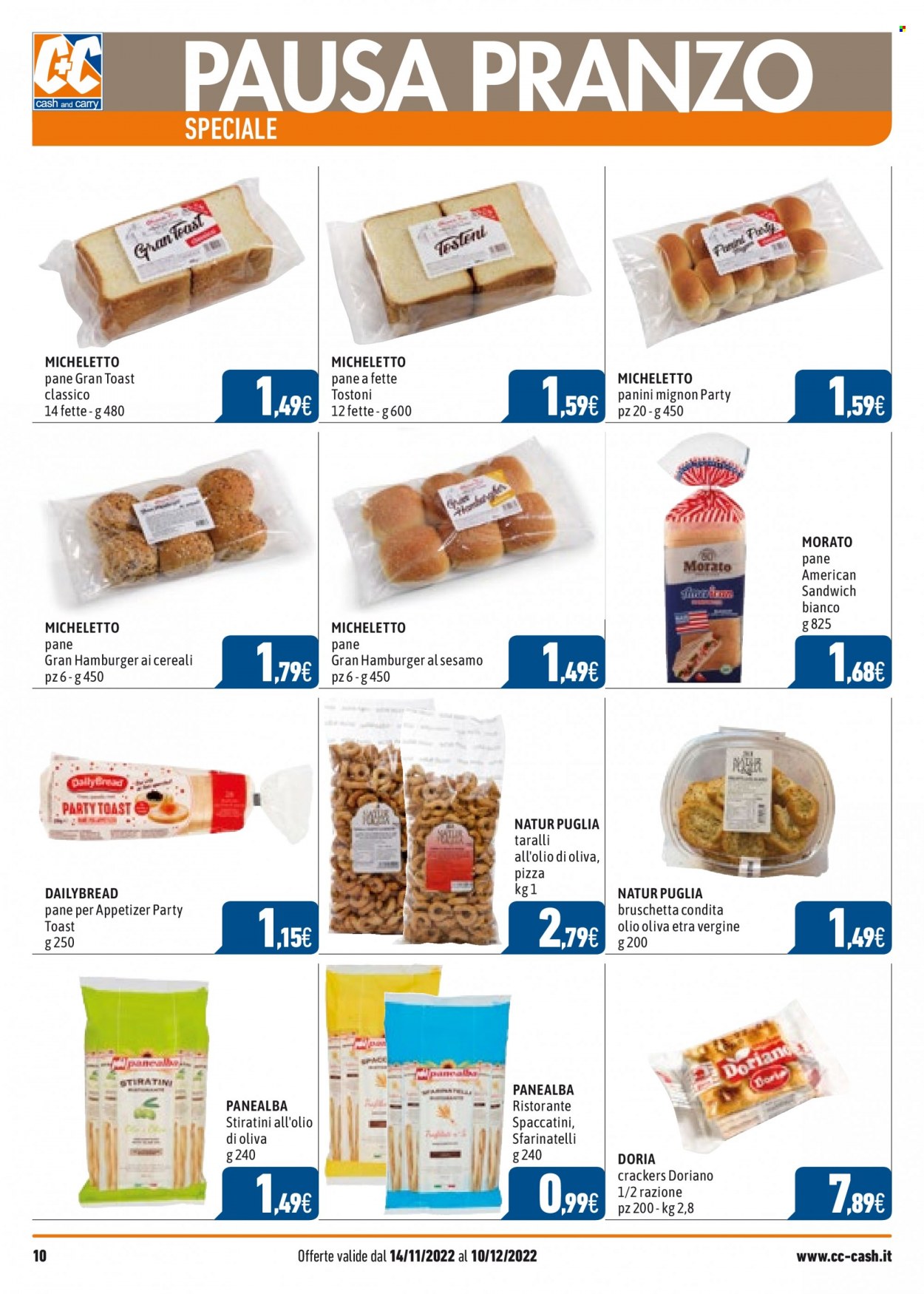 thumbnail - Volantino C+C Cash & Carry - 14/11/2022 - 10/12/2022 - Prodotti in offerta - crackers, Morato, pane, pan carrè, hamburger, bruschetta, pizza, Doria, taralli. Pagina 10.