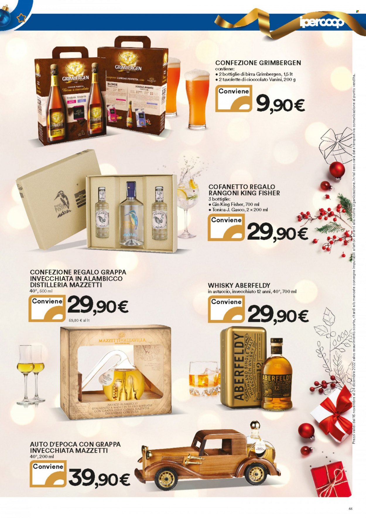 thumbnail - Volantino Coop - 16/11/2022 - 24/12/2022 - Prodotti in offerta - birra, tavoletta di cioccolato, acqua tonica, scotch whisky, whisky, gin, grappa, cofanetto, astuccio. Pagina 55.