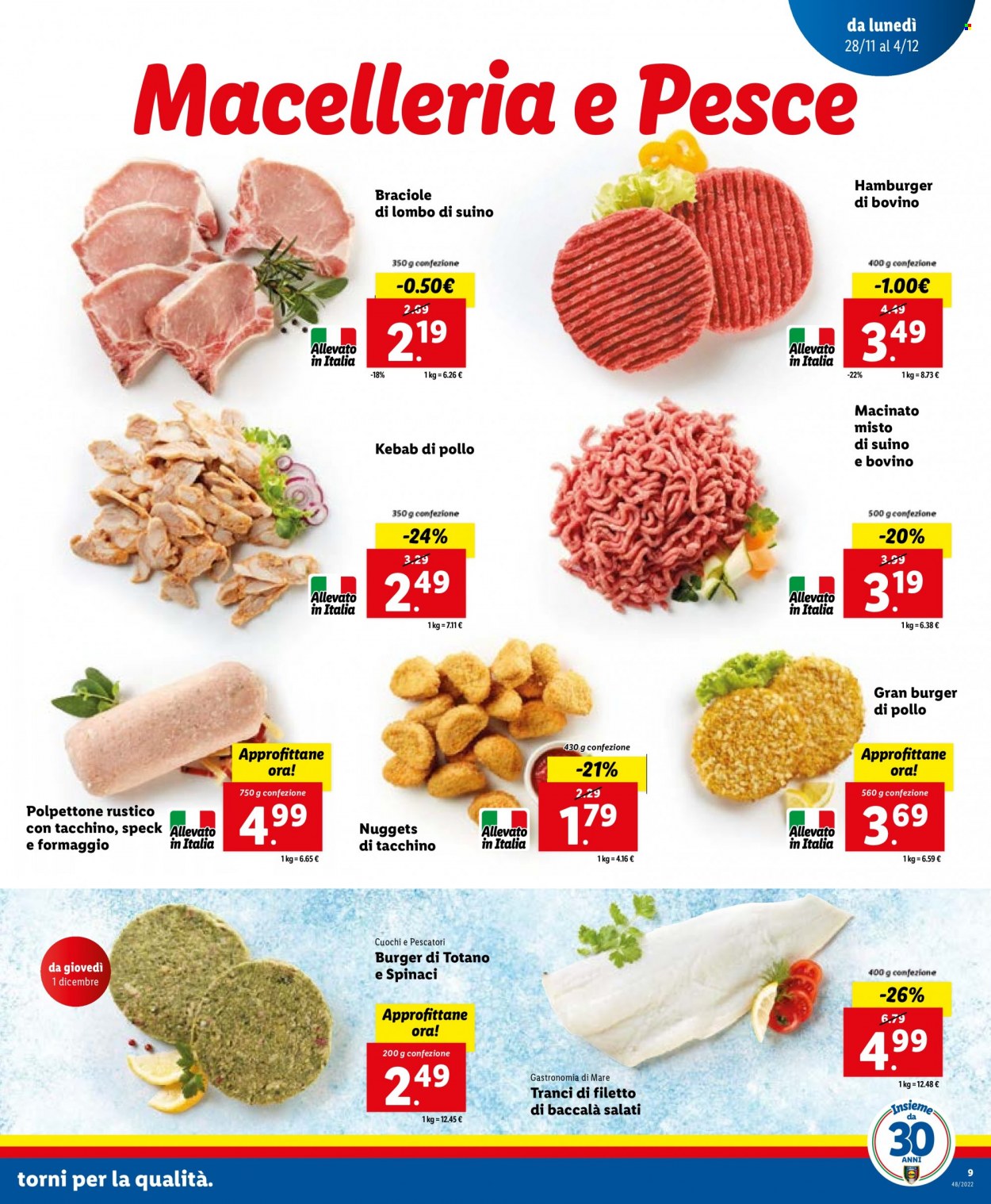 Volantino Lidl - 28/11/2022 - 4/12/2022 - Prodotti in offerta - carne macinata, hamburger, polpettone, lombo di suino, totani, kebab, baccalà, nuggets. Pagina 9.