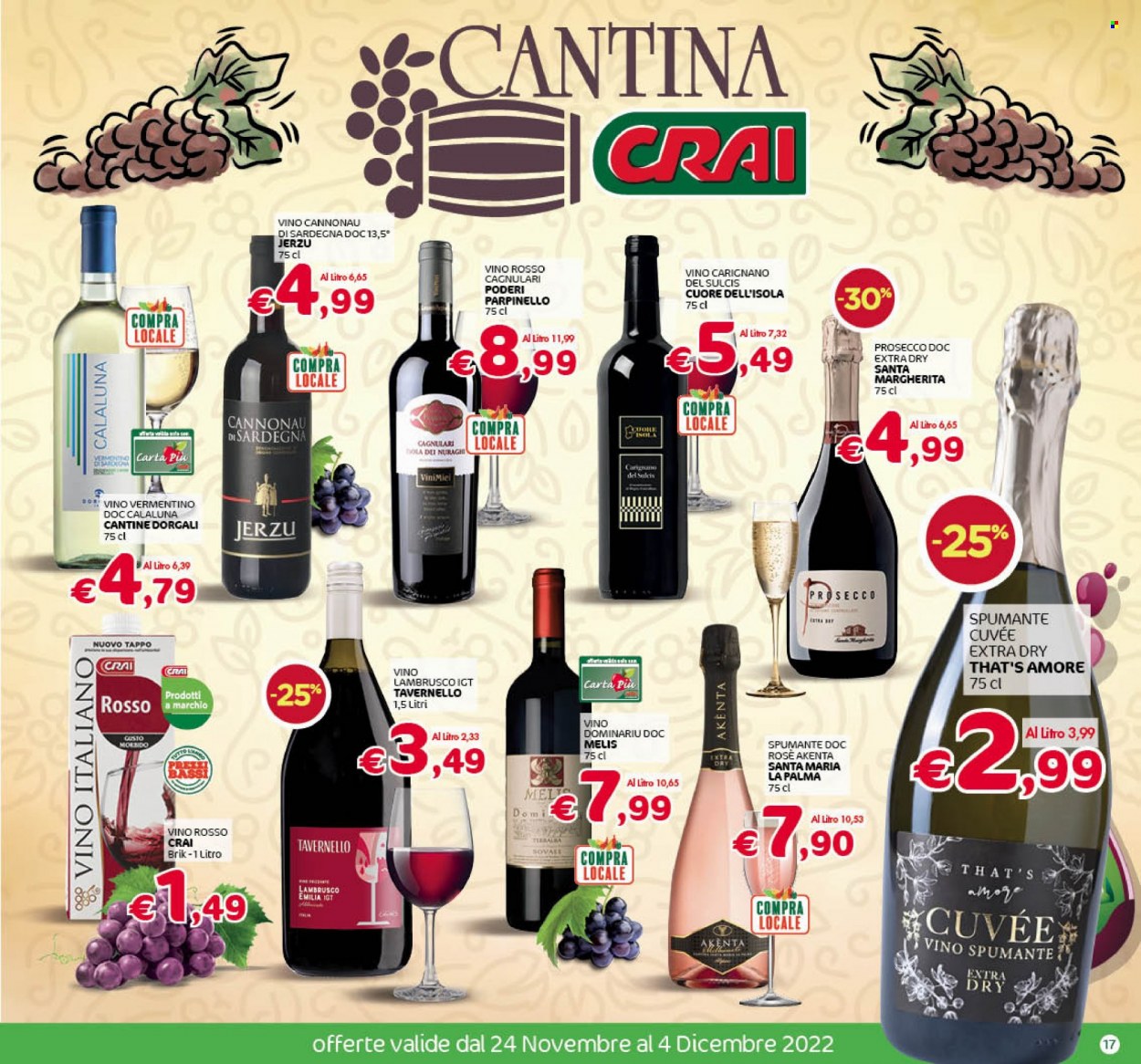 thumbnail - Volantino CRAI - 24/11/2022 - 4/12/2022 - Prodotti in offerta - vino bianco, Spumante, Tavernello, Prosecco, Lambrusco, vino, vino rosato, Vermentino, Cannonau. Pagina 17.