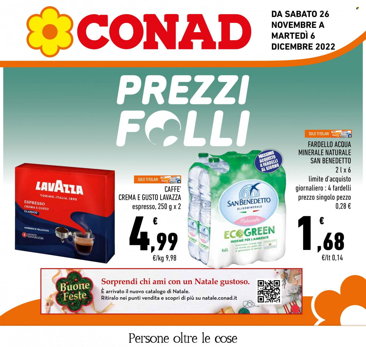 thumbnail - Volantino Conad - 26/11/2022 - 6/12/2022 - Prodotti in offerta - San Benedetto, acqua minerale, caffè, Lavazza. Pagina 1.