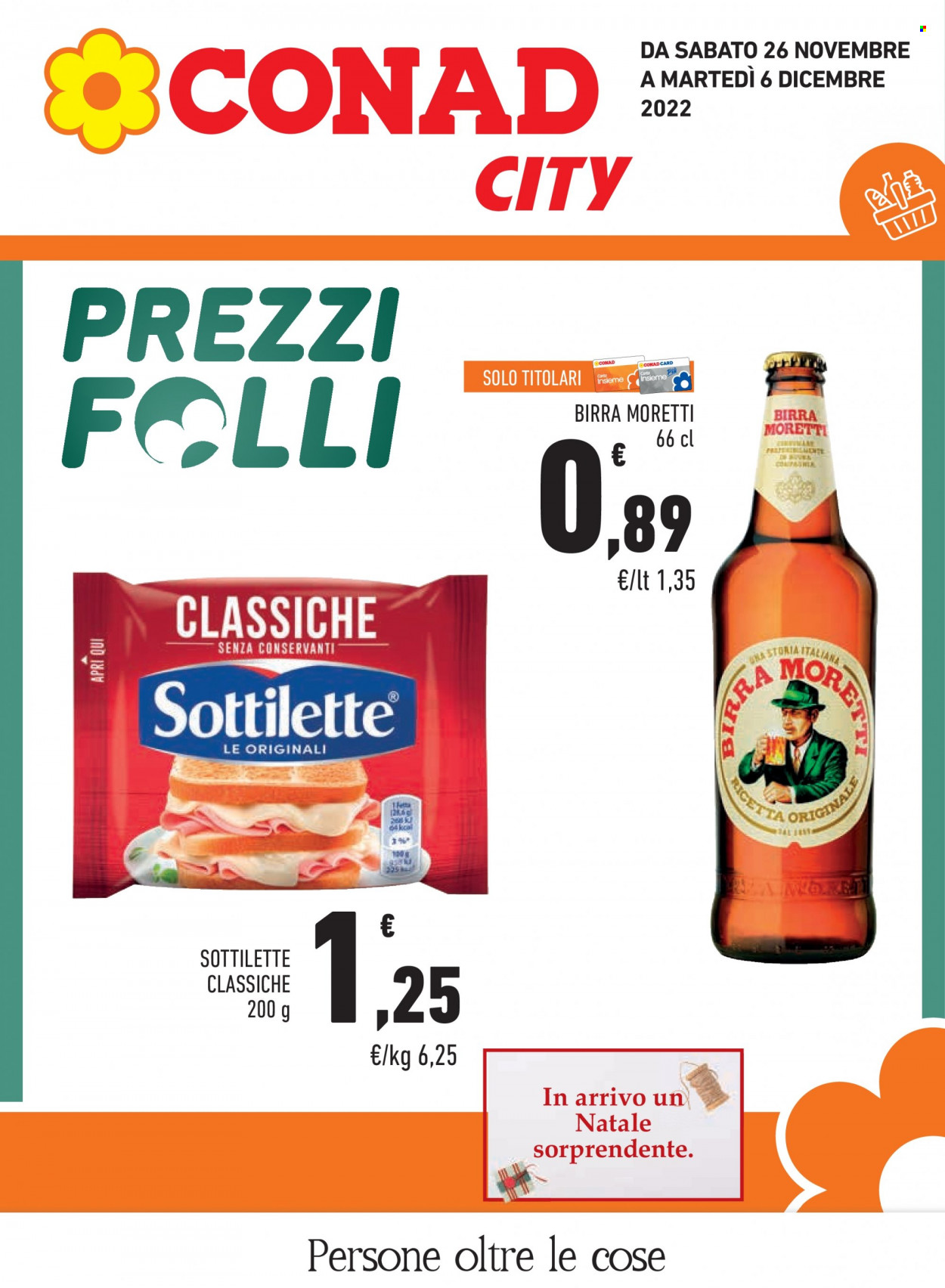 thumbnail - Volantino Conad - 26/11/2022 - 6/12/2022 - Prodotti in offerta - Birra Moretti, birra, formaggio, Sottilette. Pagina 1.