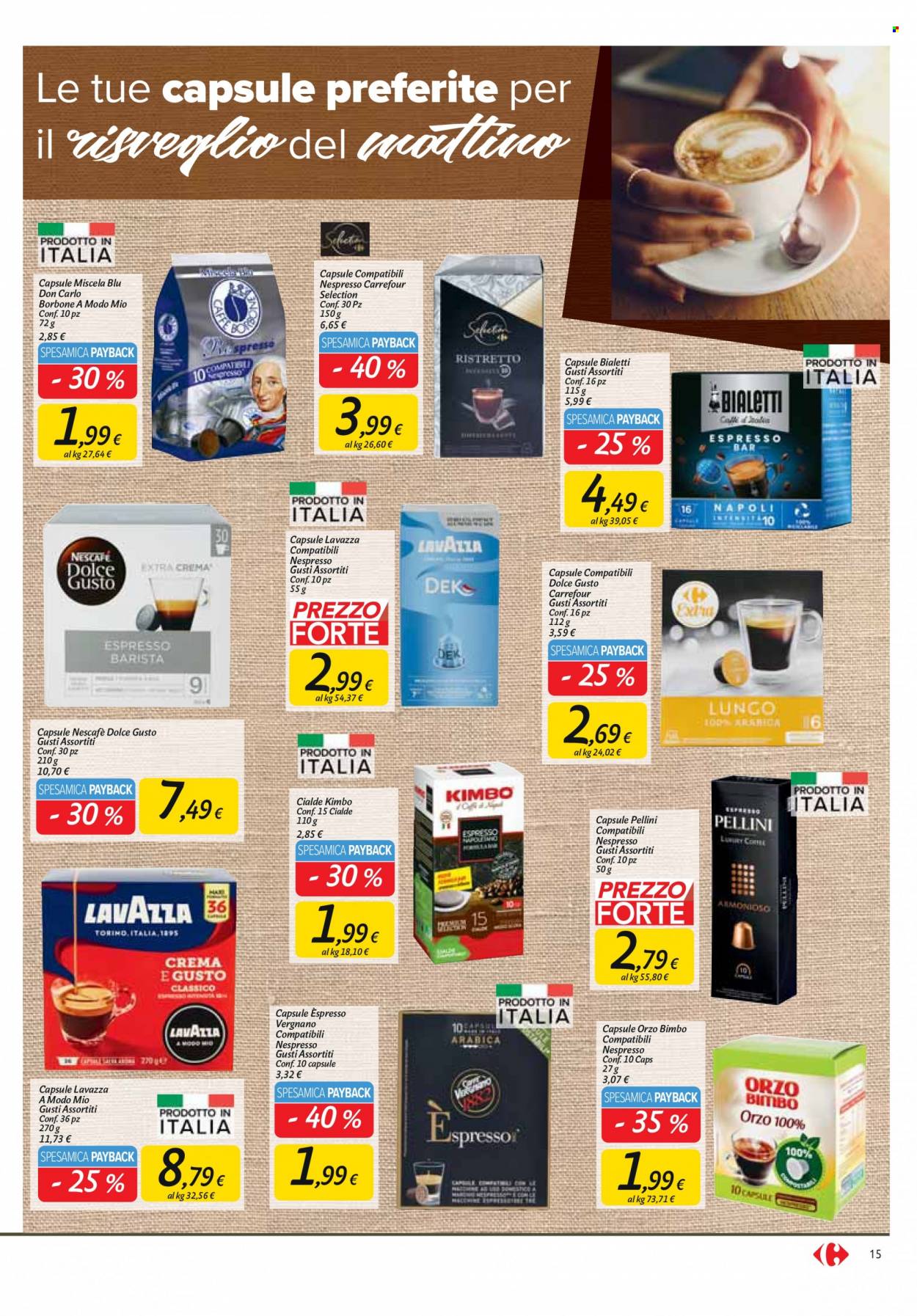 thumbnail - Volantino Carrefour - 29/11/2022 - 12/12/2022 - Prodotti in offerta - orzo, orzo solubile, caffè, Kimbo, Dolce Gusto, Lavazza, caffè in capsule. Pagina 15.