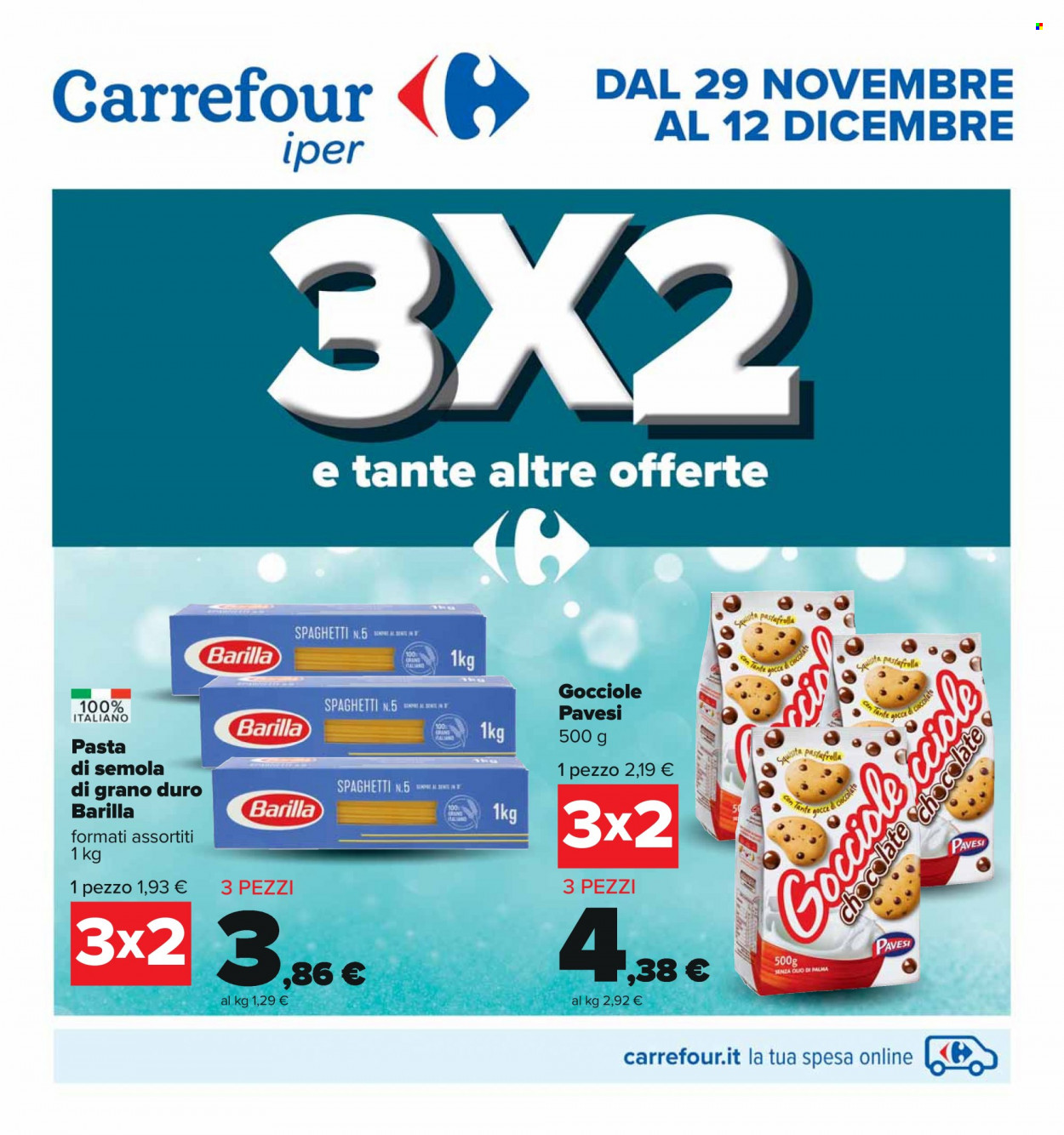 thumbnail - Volantino Carrefour - 29/11/2022 - 12/12/2022 - Prodotti in offerta - pasta frolla, Pavesi, Barilla, spaghetti. Pagina 1.