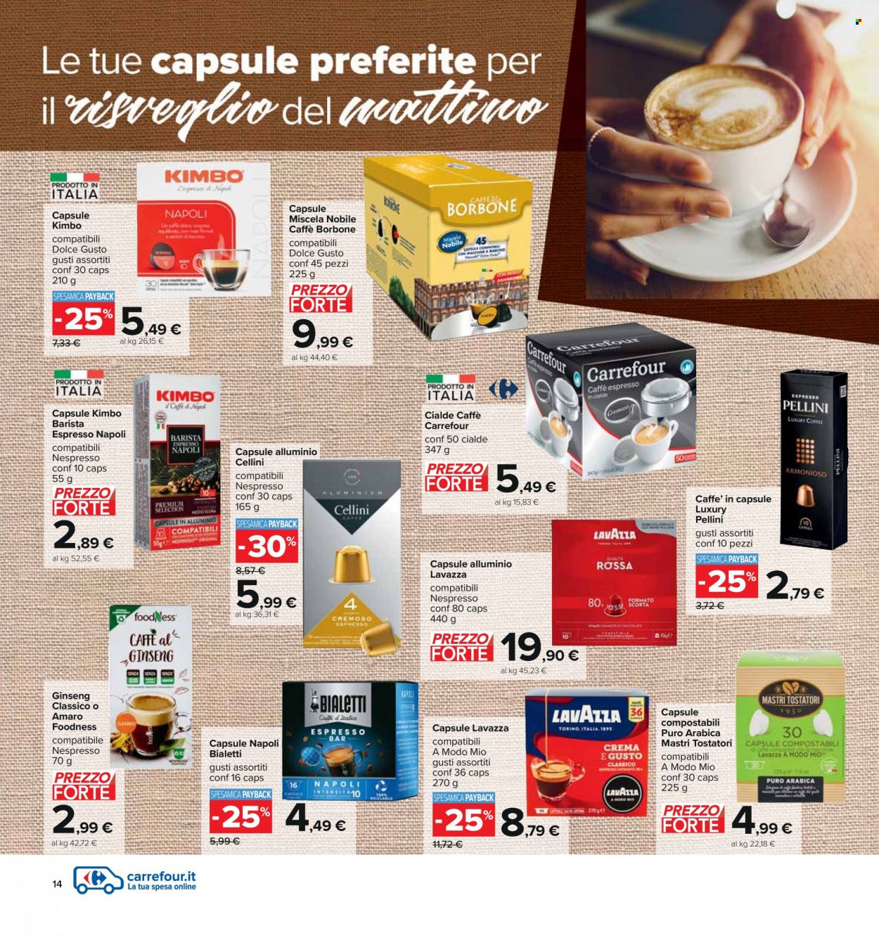 thumbnail - Volantino Carrefour - 29/11/2022 - 12/12/2022 - Prodotti in offerta - caffè, Kimbo, Dolce Gusto, Lavazza, caffè in capsule, caffè in cialde, caffè espresso. Pagina 14.