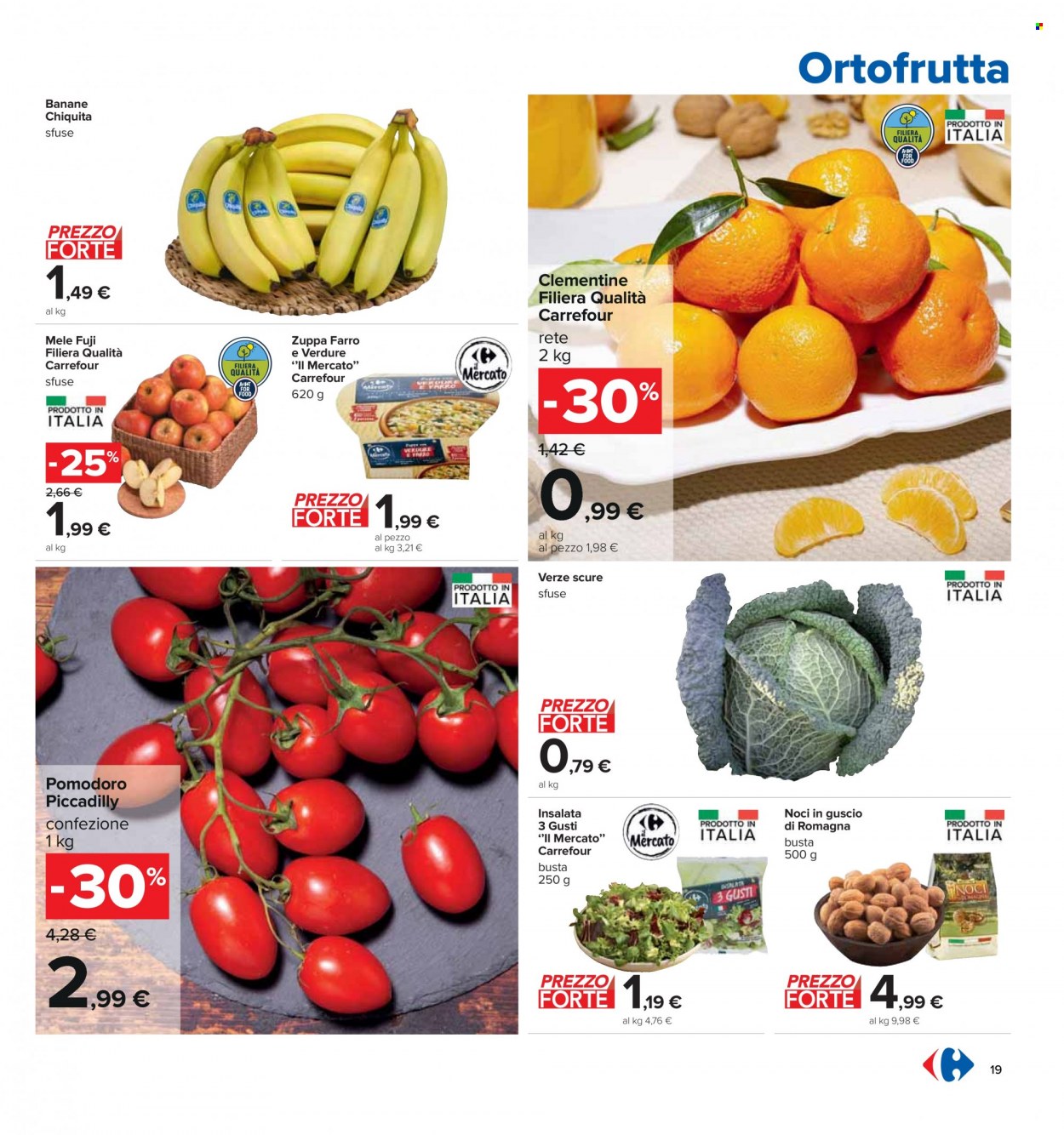 thumbnail - Volantino Carrefour - 29/11/2022 - 12/12/2022 - Prodotti in offerta - pomodori, banane, mele, clementine, Chiquita, zuppa, noci. Pagina 19.